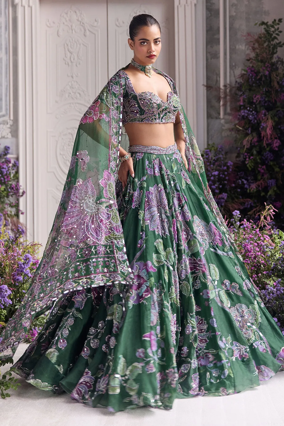 Deep Green Lehenga with Embroidered Bustier and Sheer Cape Dupatta