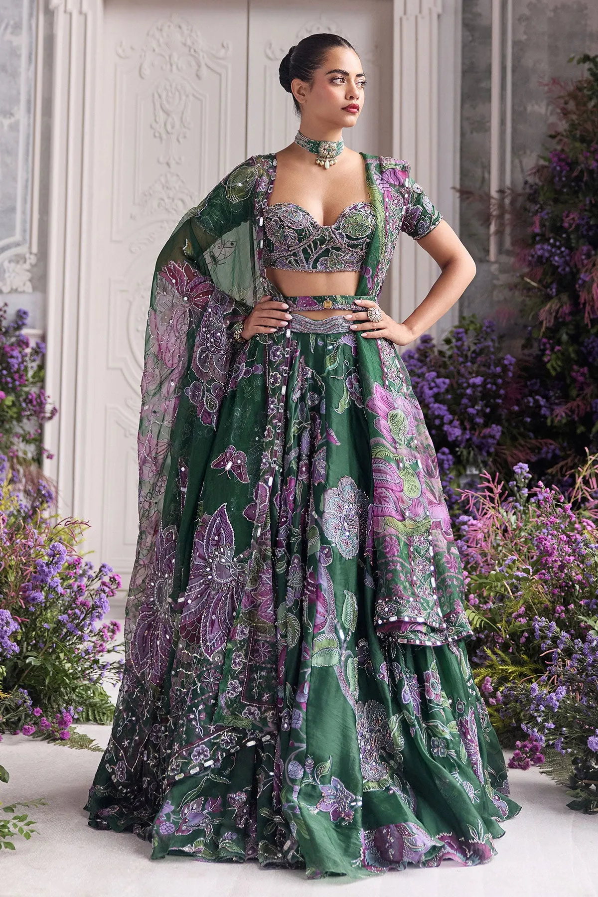 Emerald Green Lehenga with Embroidered Bustier and Dupatta