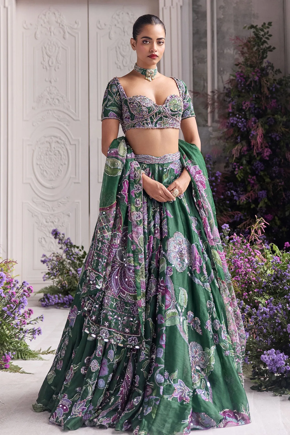 Emerald Green Lehenga with Embroidered Bustier and Dupatta