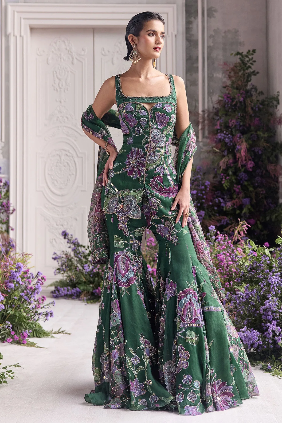 Emerald Green Statement Sharara with Intricate Embroidery