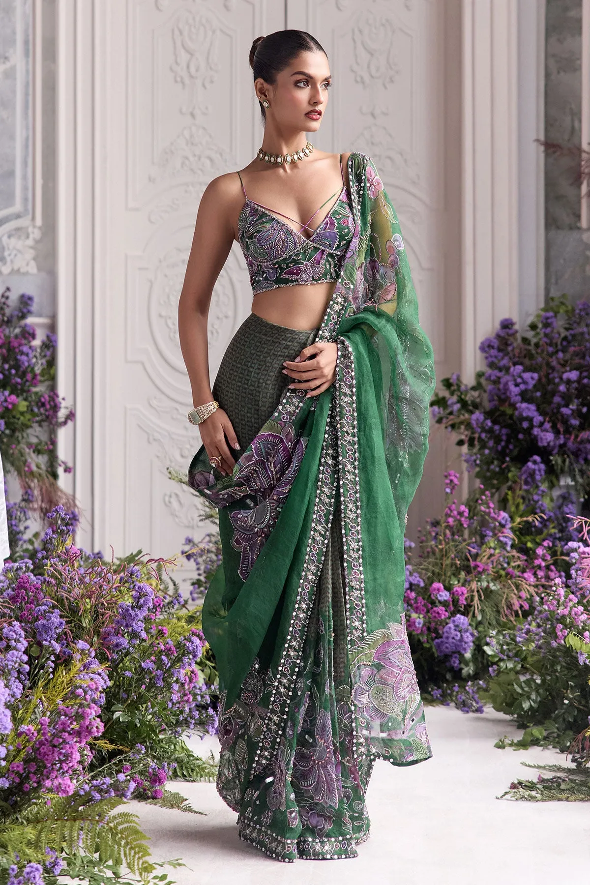 Emerald Green Sari with Violet Embroidered Blouse and Sheer Accents