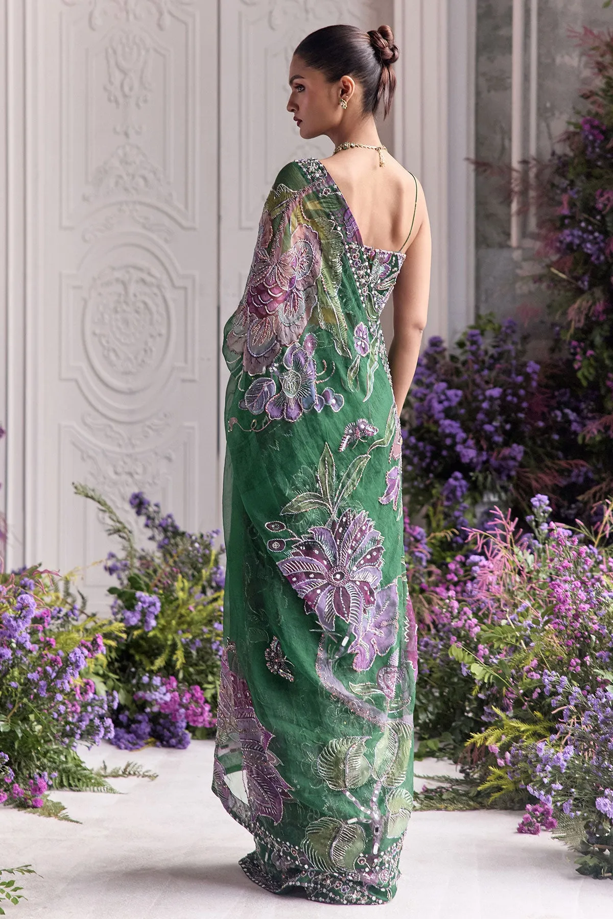 Emerald Green Sari with Violet Embroidered Blouse and Sheer Accents