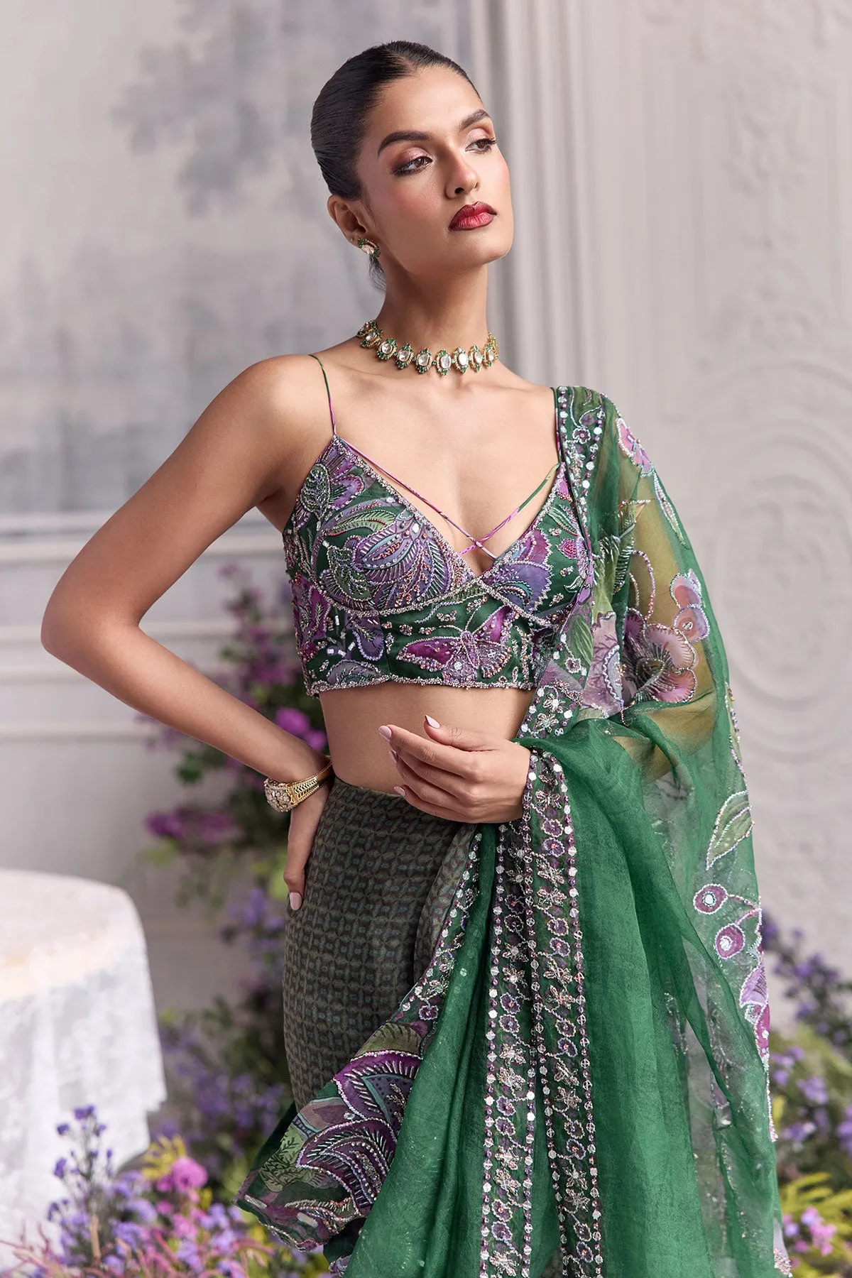 Emerald Green Sari with Violet Embroidered Blouse and Sheer Accents