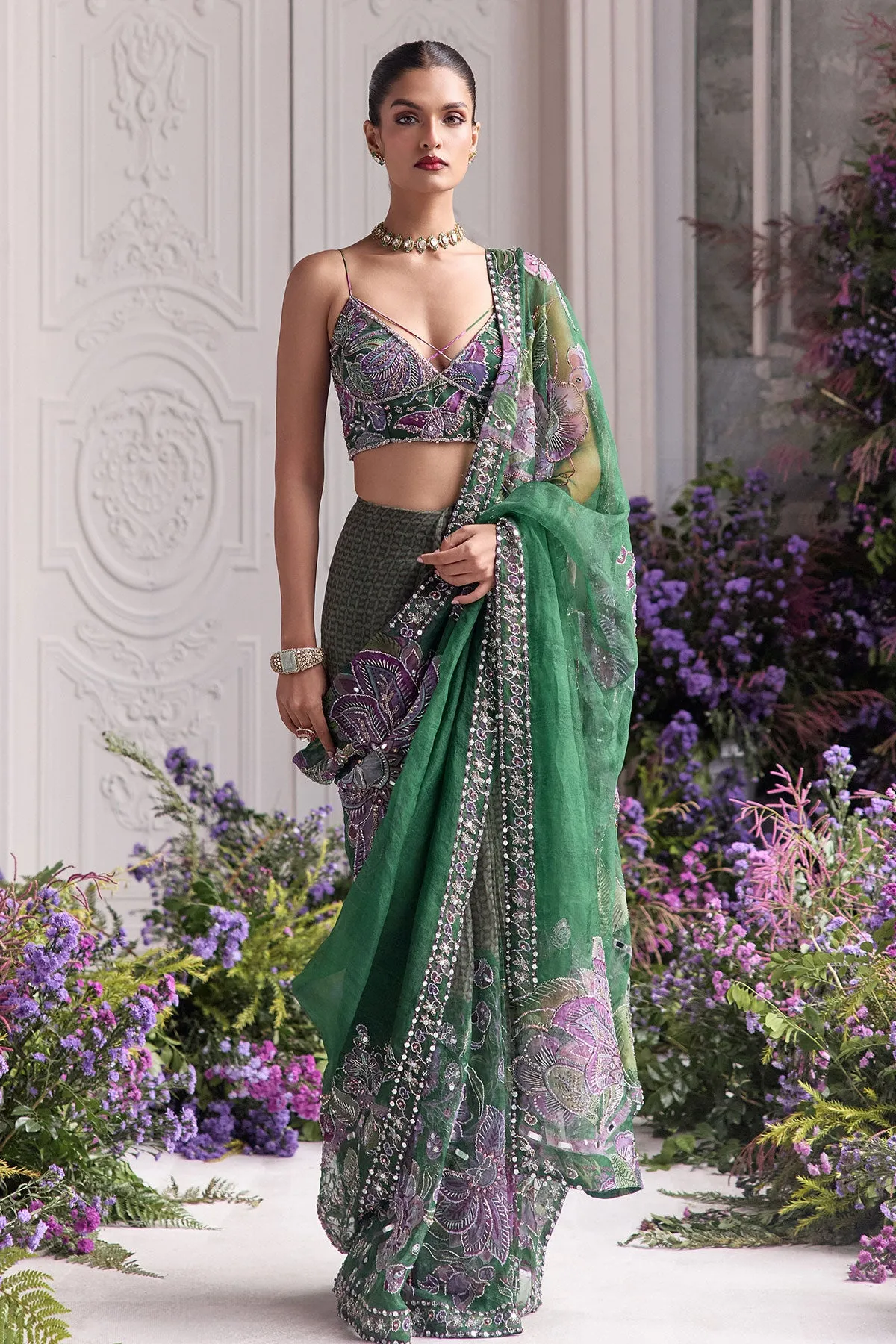 Emerald Green Sari with Violet Embroidered Blouse and Sheer Accents