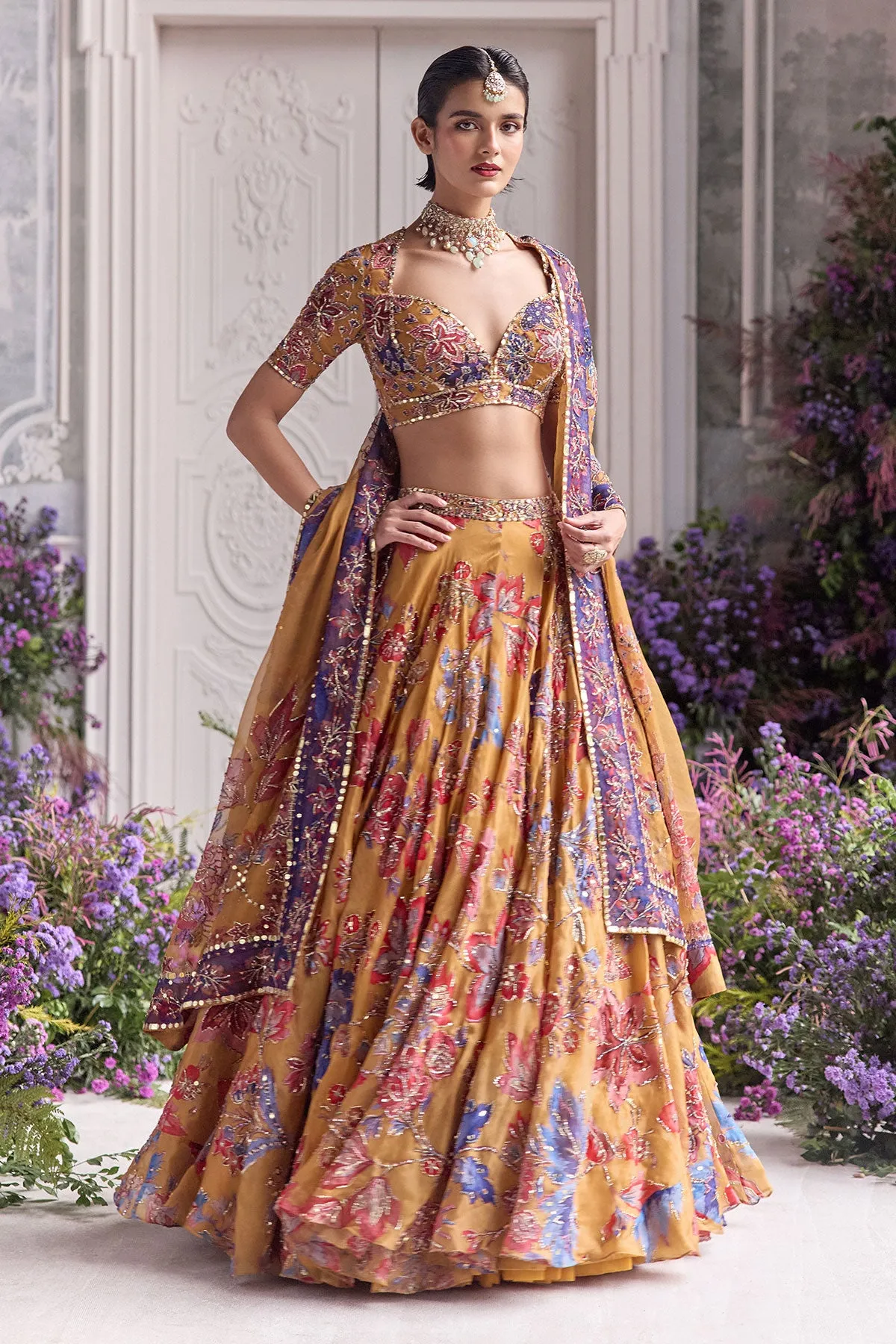 Mustard Yellow Lehenga with Multicolour Embroidery and Contrasting Dupatta