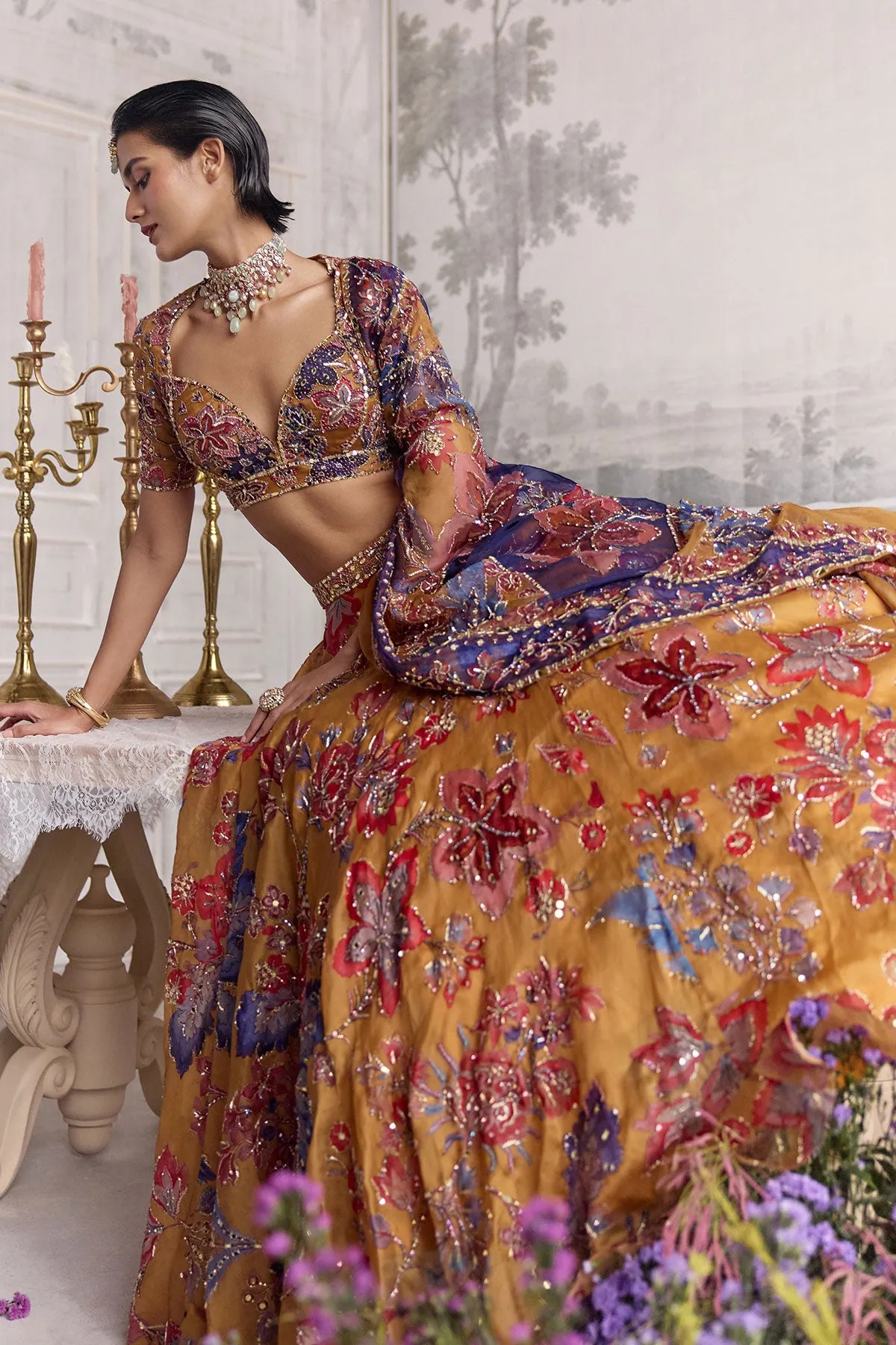 Mustard Yellow Lehenga with Multicolour Embroidery and Contrasting Dupatta
