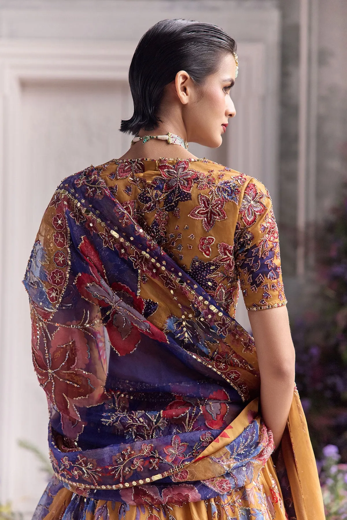 Mustard Yellow Lehenga with Multicolour Embroidery and Contrasting Dupatta