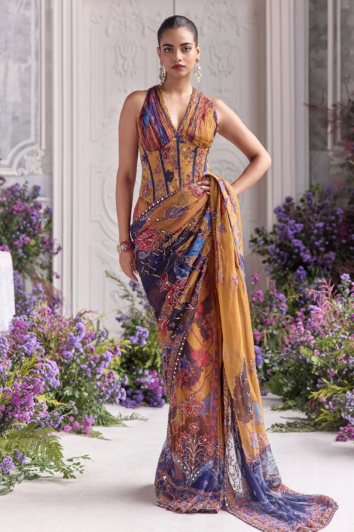 Mustard Yellow SarI with Multicolour Floral Embroidery and Jewel-Toned Highlights