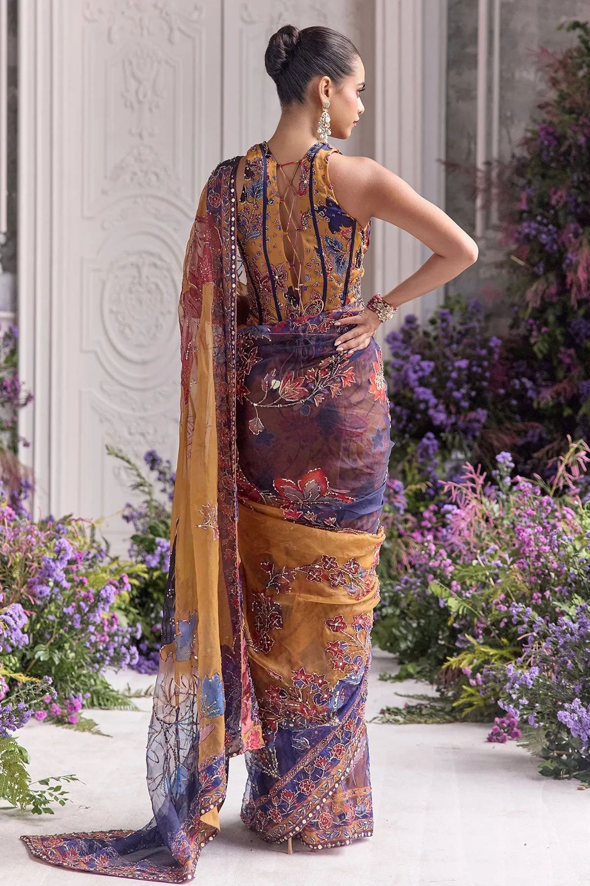 Mustard Yellow SarI with Multicolour Floral Embroidery and Jewel-Toned Highlights