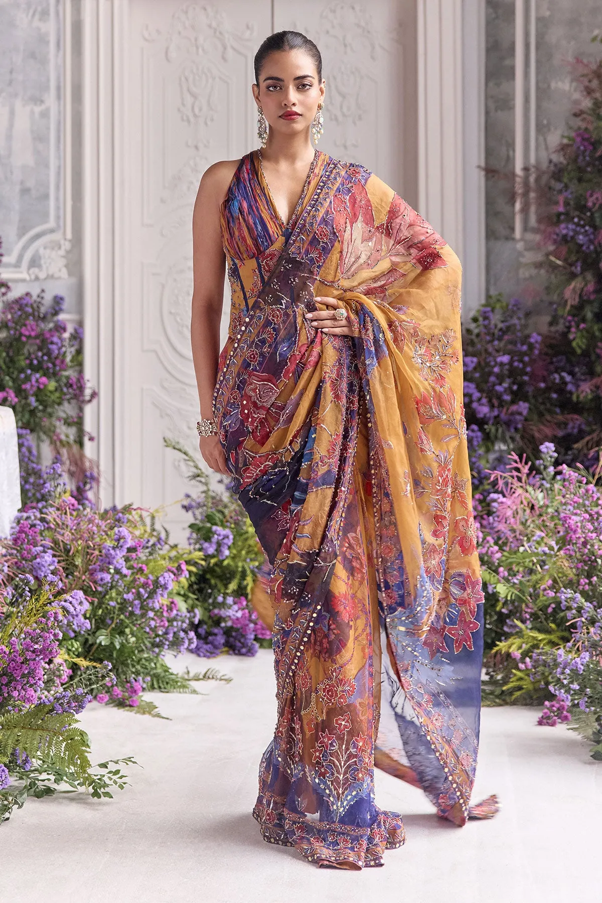 Mustard Yellow SarI with Multicolour Floral Embroidery and Jewel-Toned Highlights