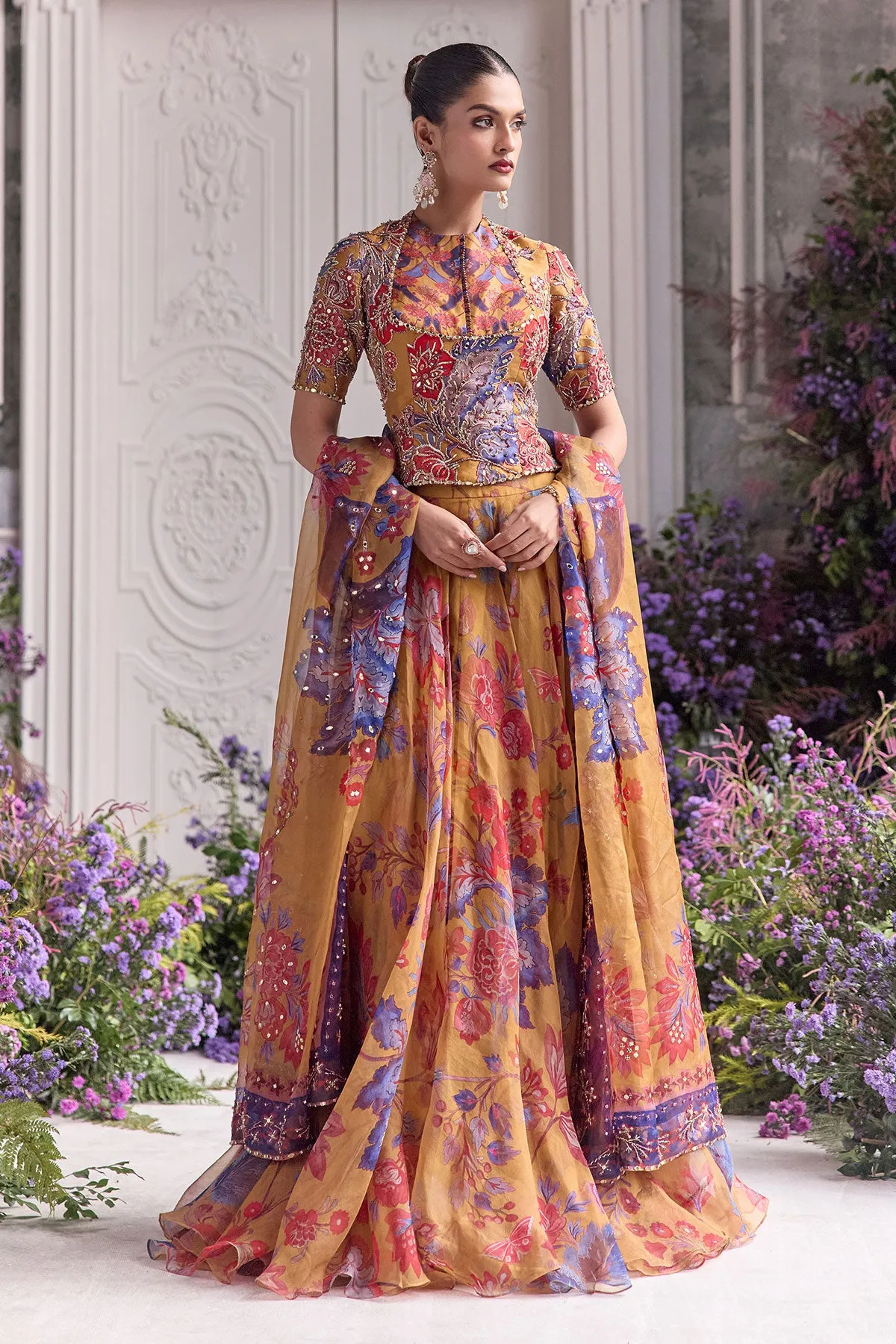 Mustard Yellow Lehenga with Multicolour Floral Embroidery and Sheer Dupatta