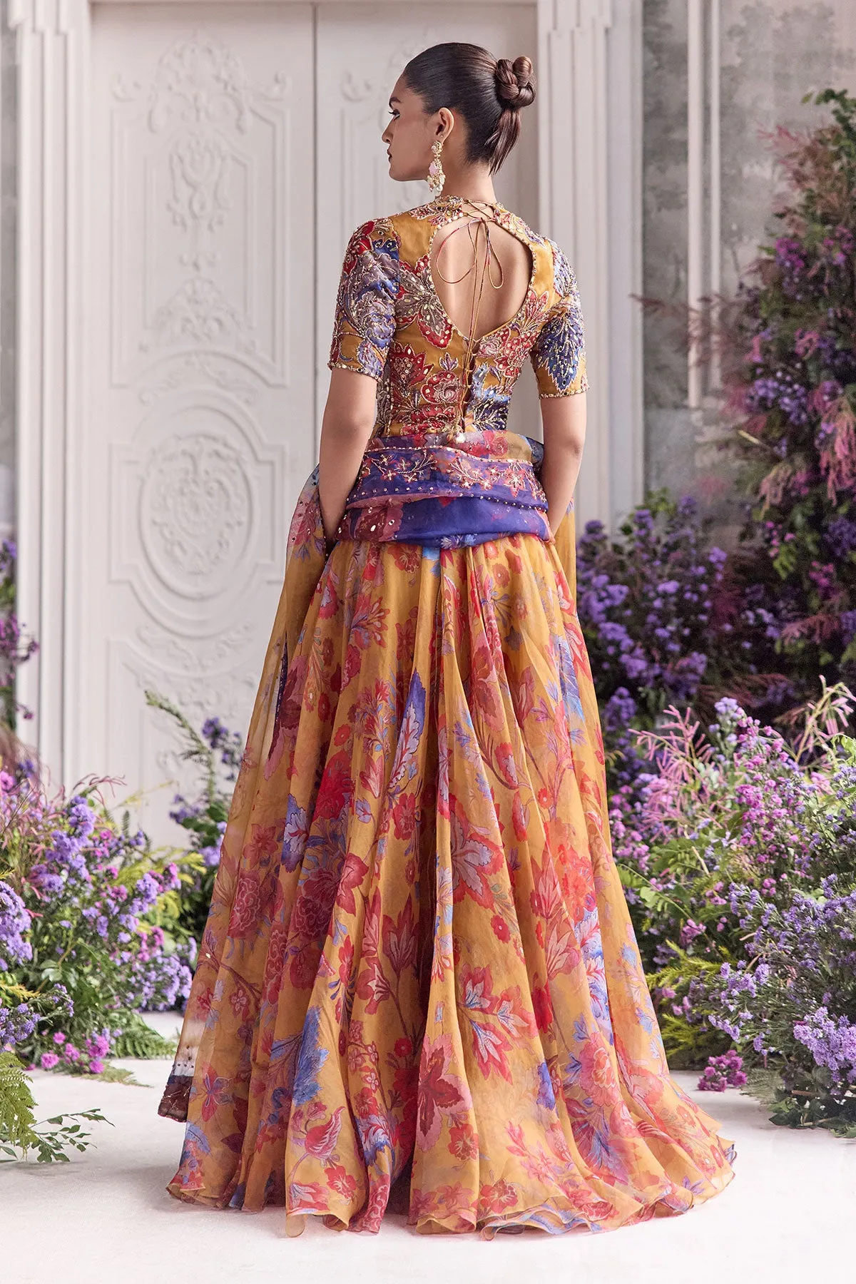Mustard Yellow Lehenga with Multicolour Floral Embroidery and Sheer Dupatta