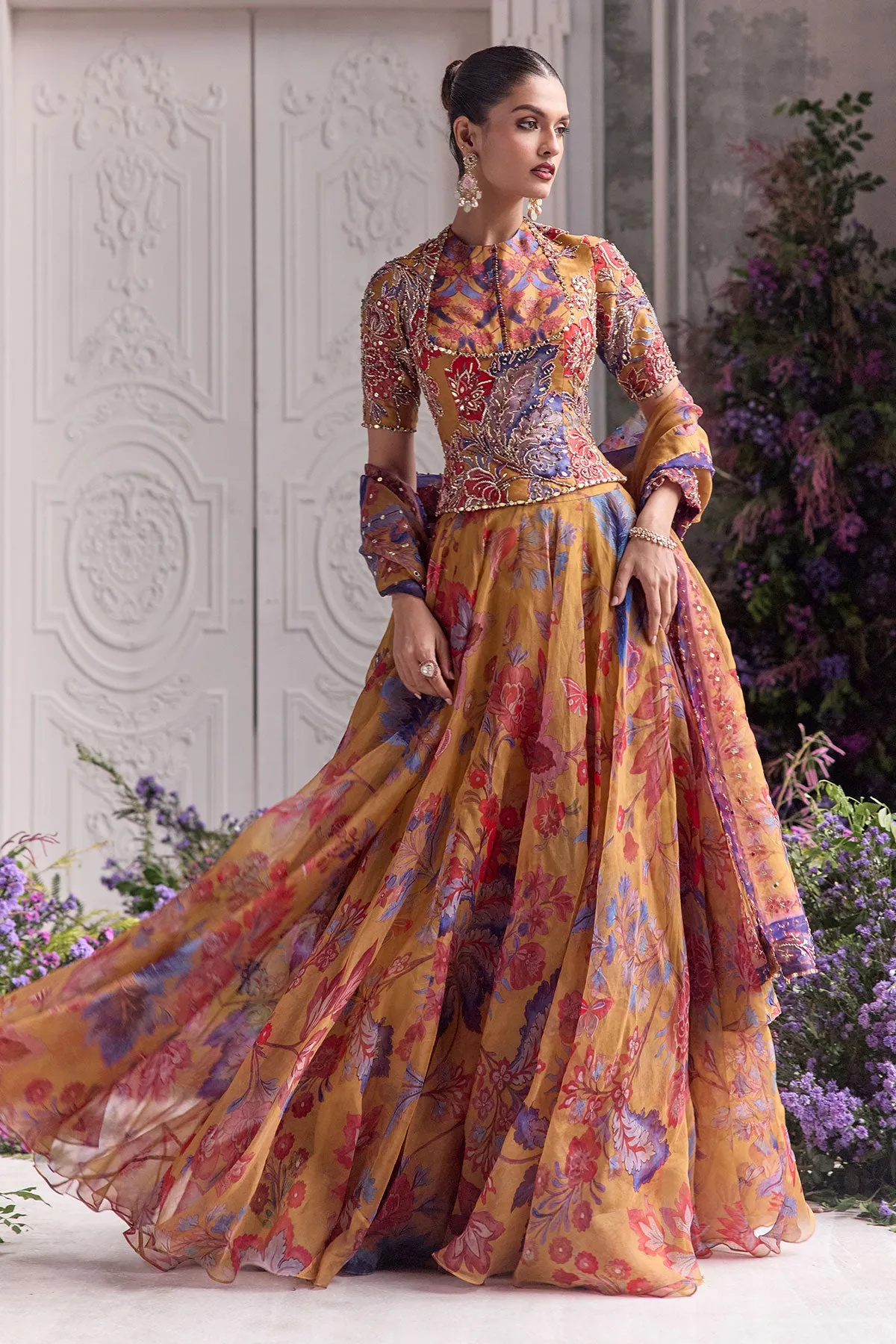 Mustard Yellow Lehenga with Multicolour Floral Embroidery and Sheer Dupatta