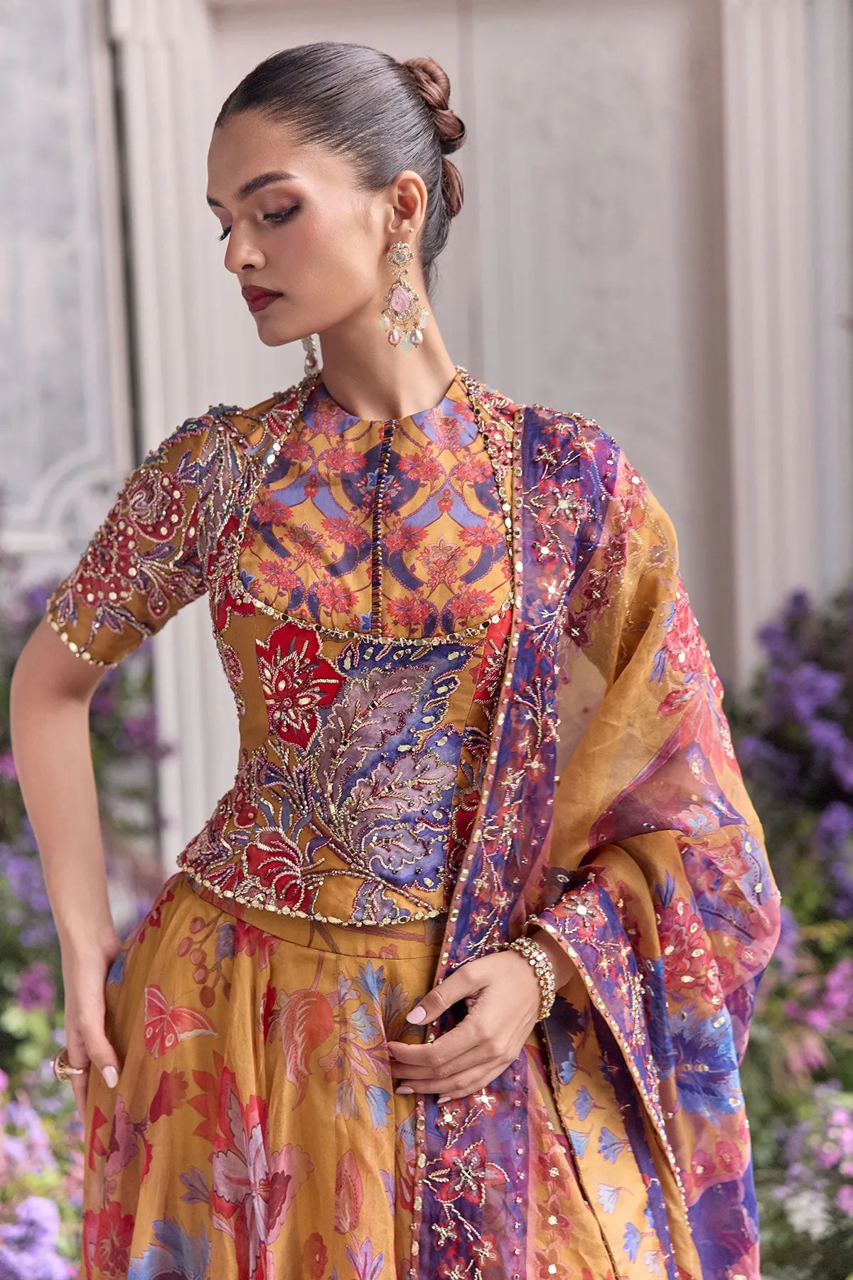Mustard Yellow Lehenga with Multicolour Floral Embroidery and Sheer Dupatta
