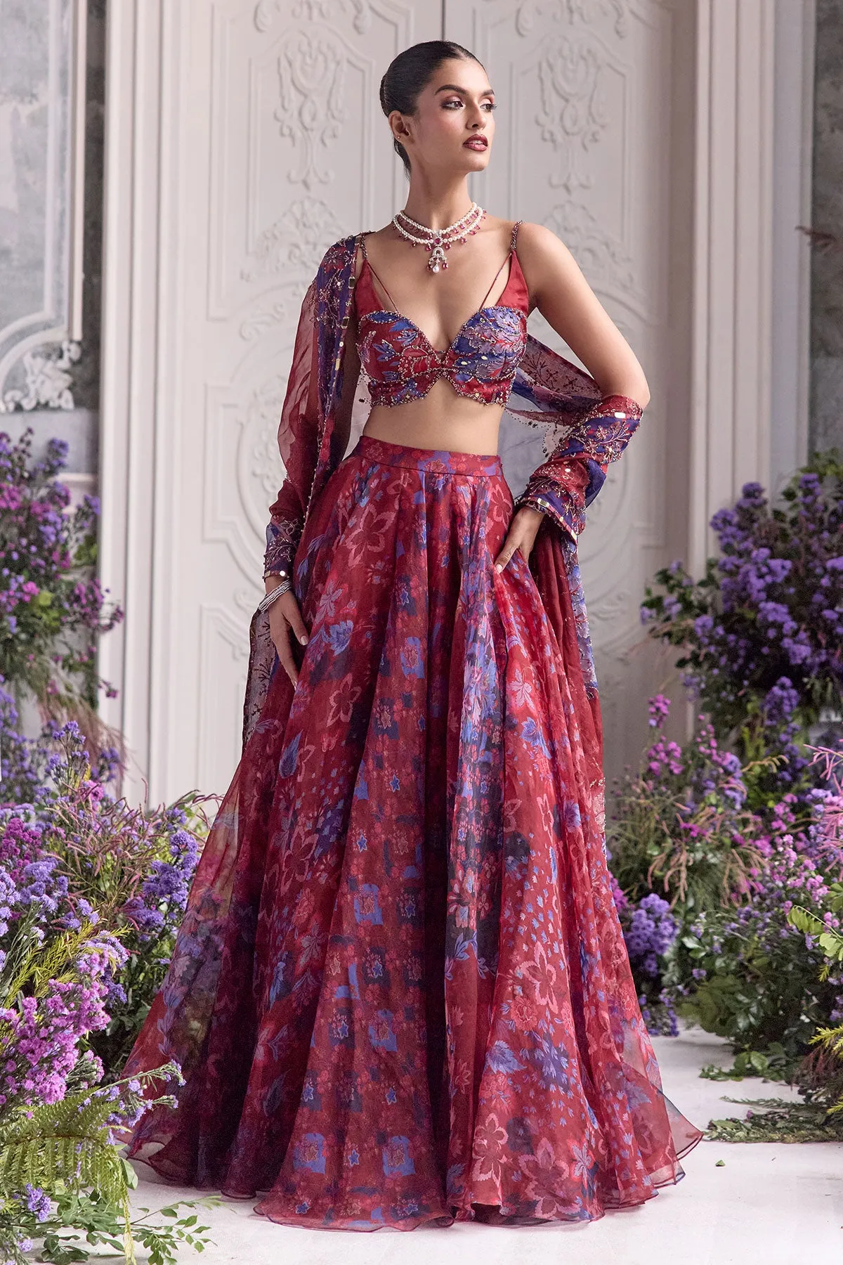 Deep Red Lehenga with Blue Floral Embroidery and Sheer Dupatta