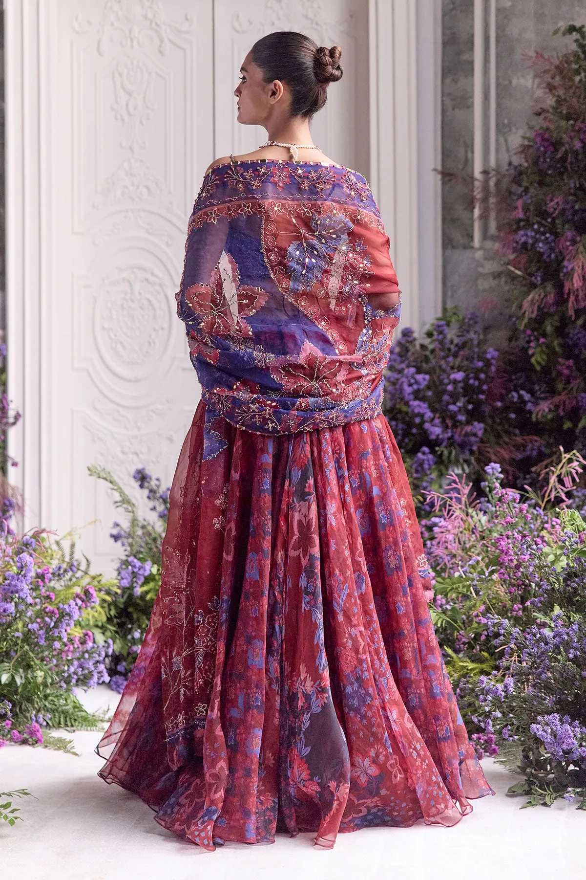 Deep Red Lehenga with Blue Floral Embroidery and Sheer Dupatta