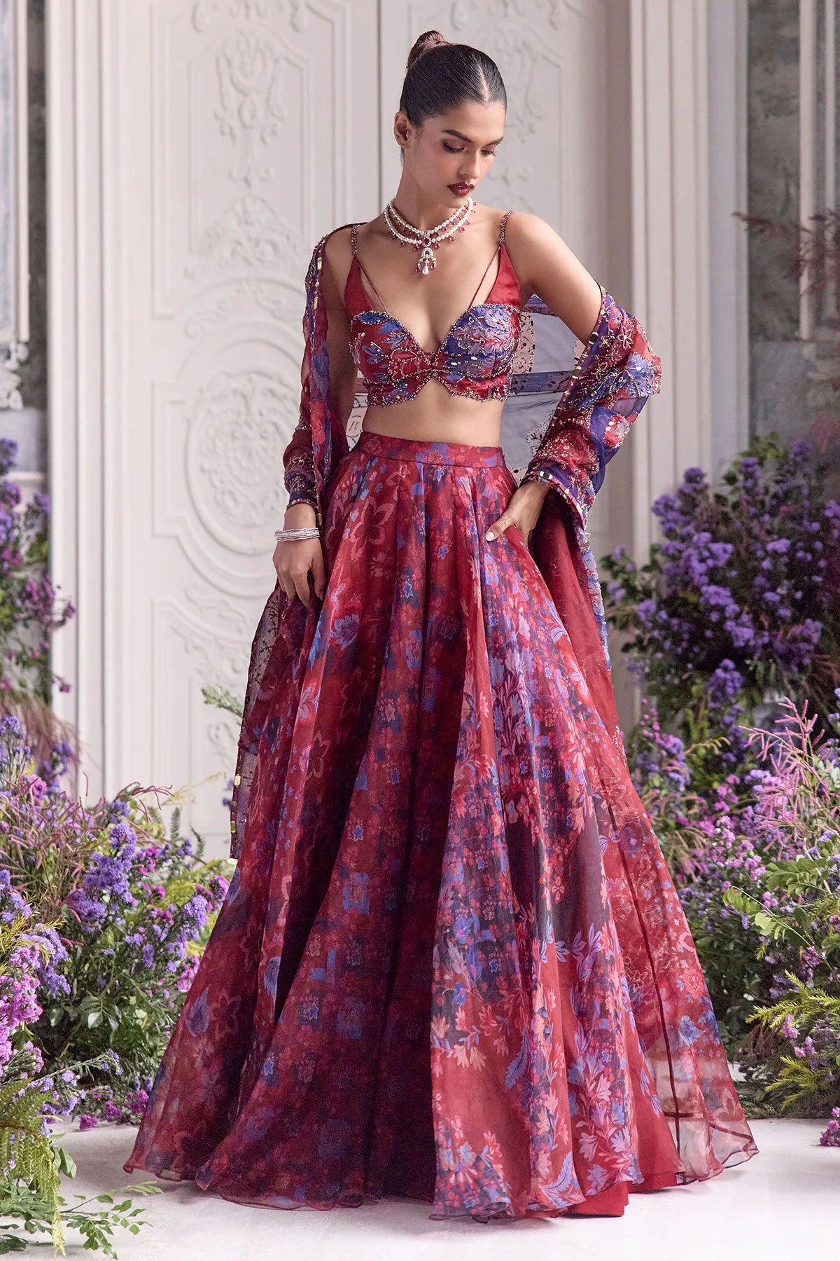 Deep Red Lehenga with Blue Floral Embroidery and Sheer Dupatta