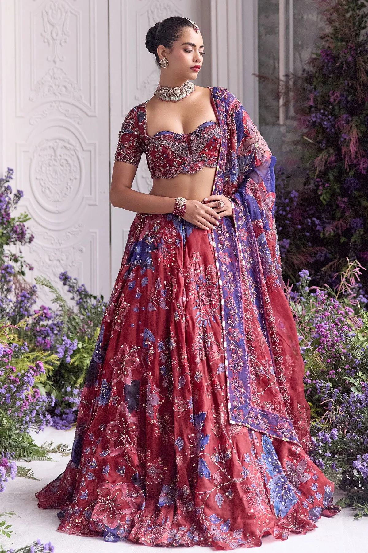 Crimson Red Lehenga with Blue Floral Embroidery and Sheer Dupatta