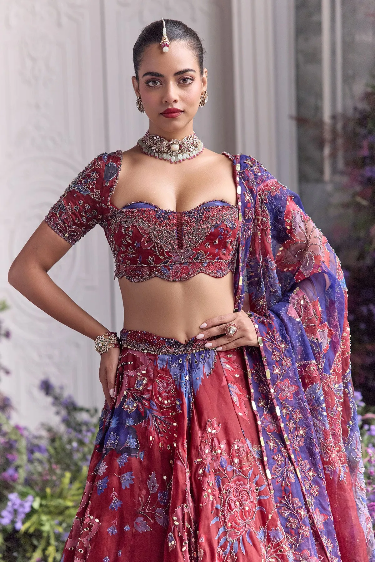 Crimson Red Lehenga with Blue Floral Embroidery and Sheer Dupatta