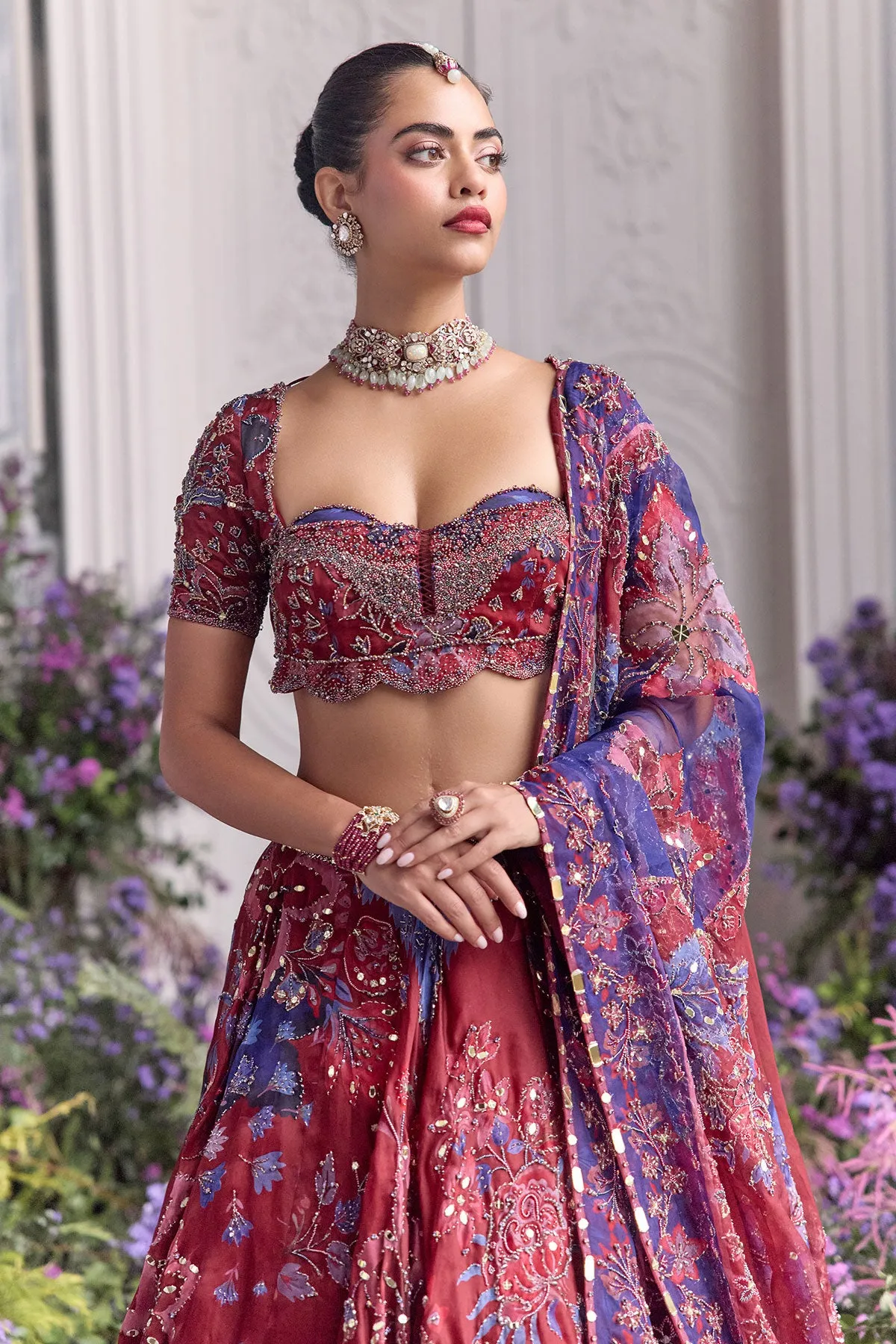 Crimson Red Lehenga with Blue Floral Embroidery and Sheer Dupatta