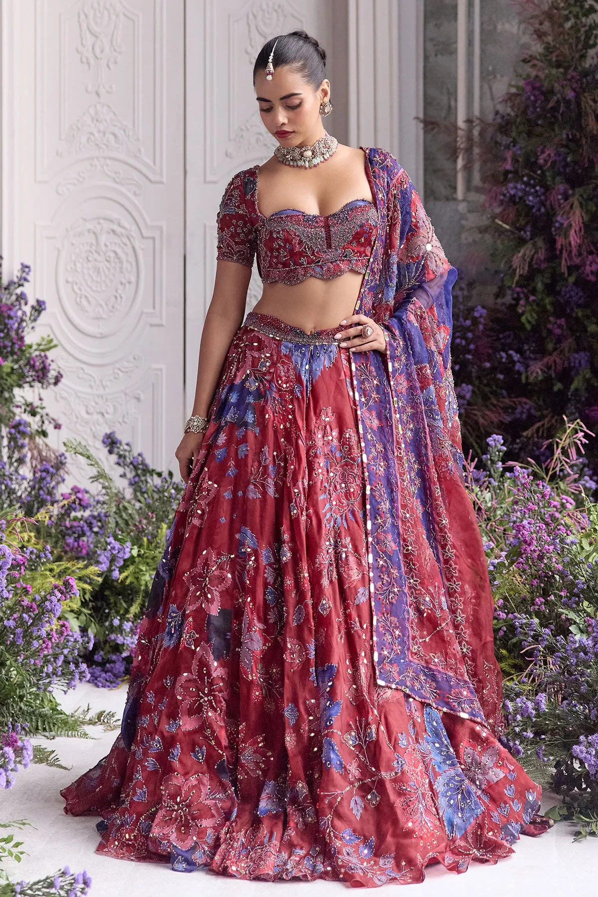 Crimson Red Lehenga with Blue Floral Embroidery and Sheer Dupatta