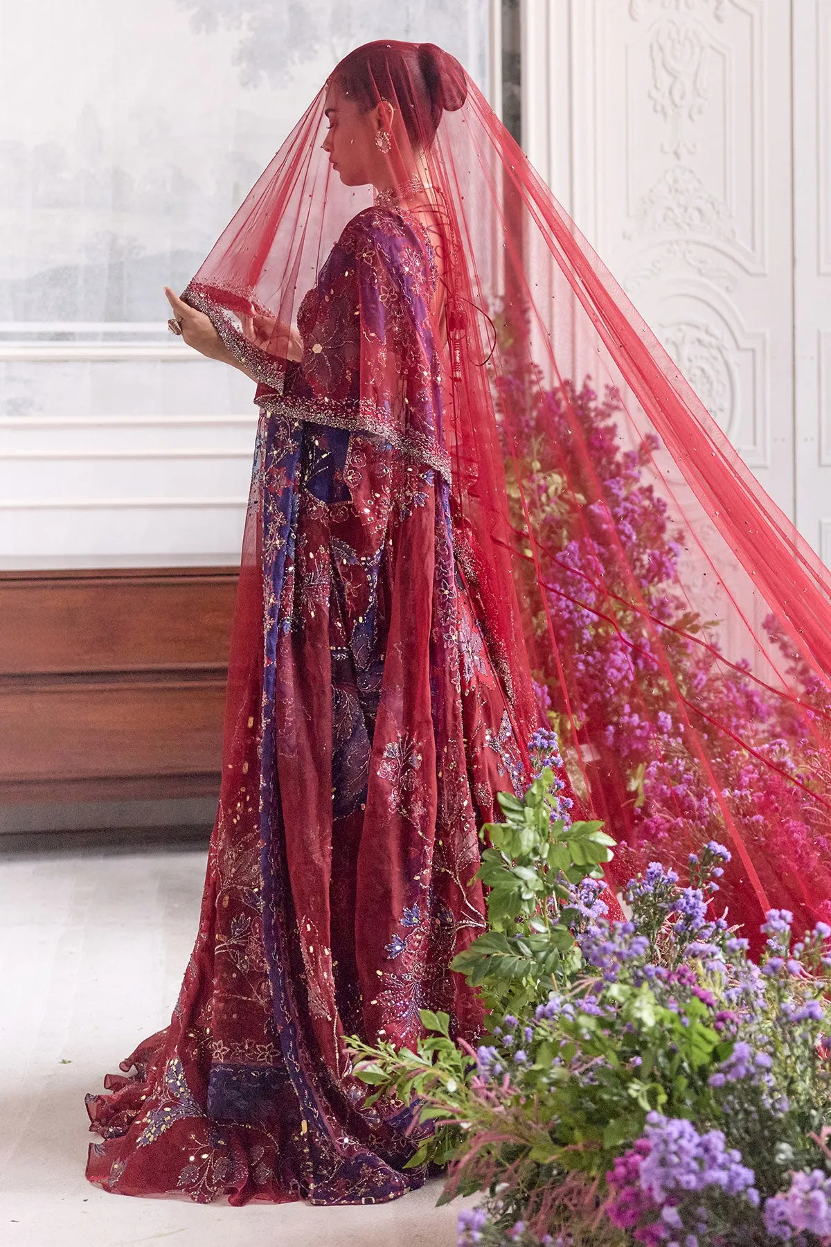 Crimson Bridal Lehenga with Sheer Veil and Sapphire Floral Embroidery