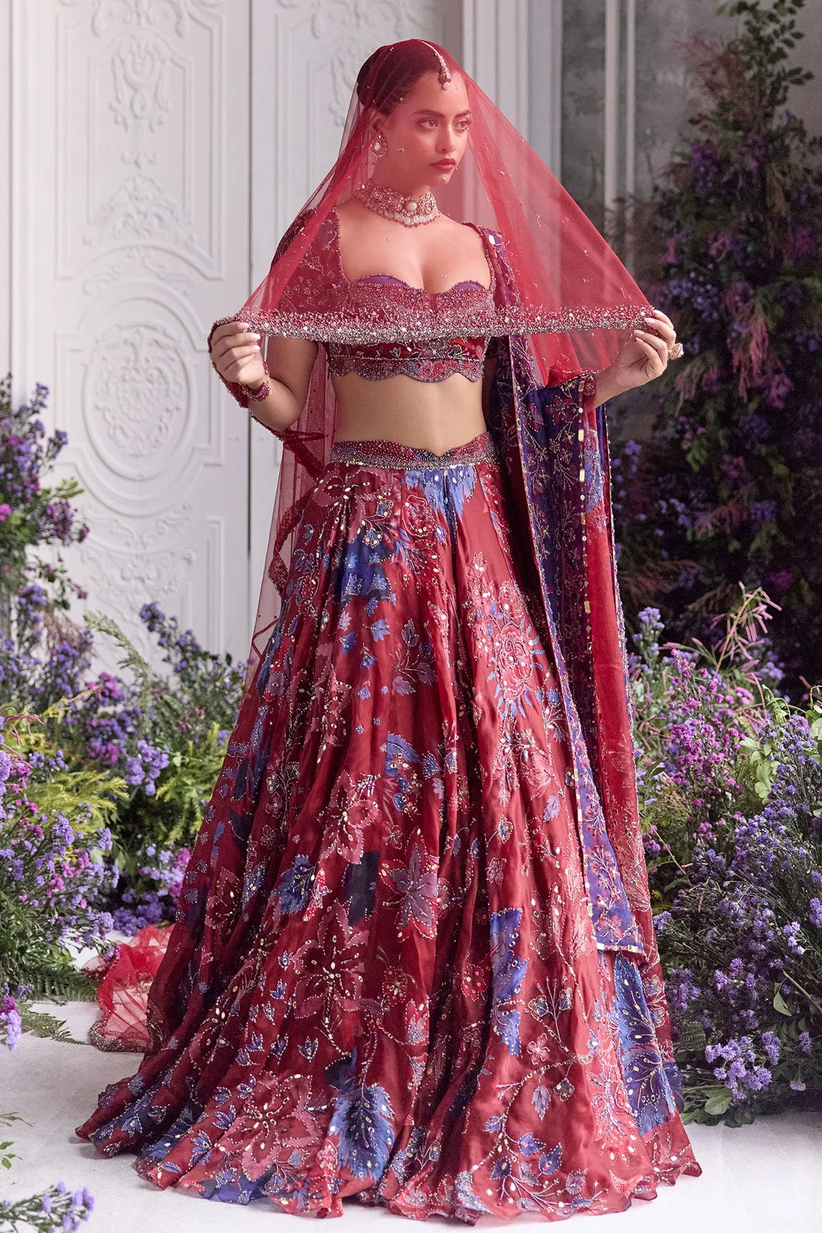 Crimson Bridal Lehenga with Sheer Veil and Sapphire Floral Embroidery