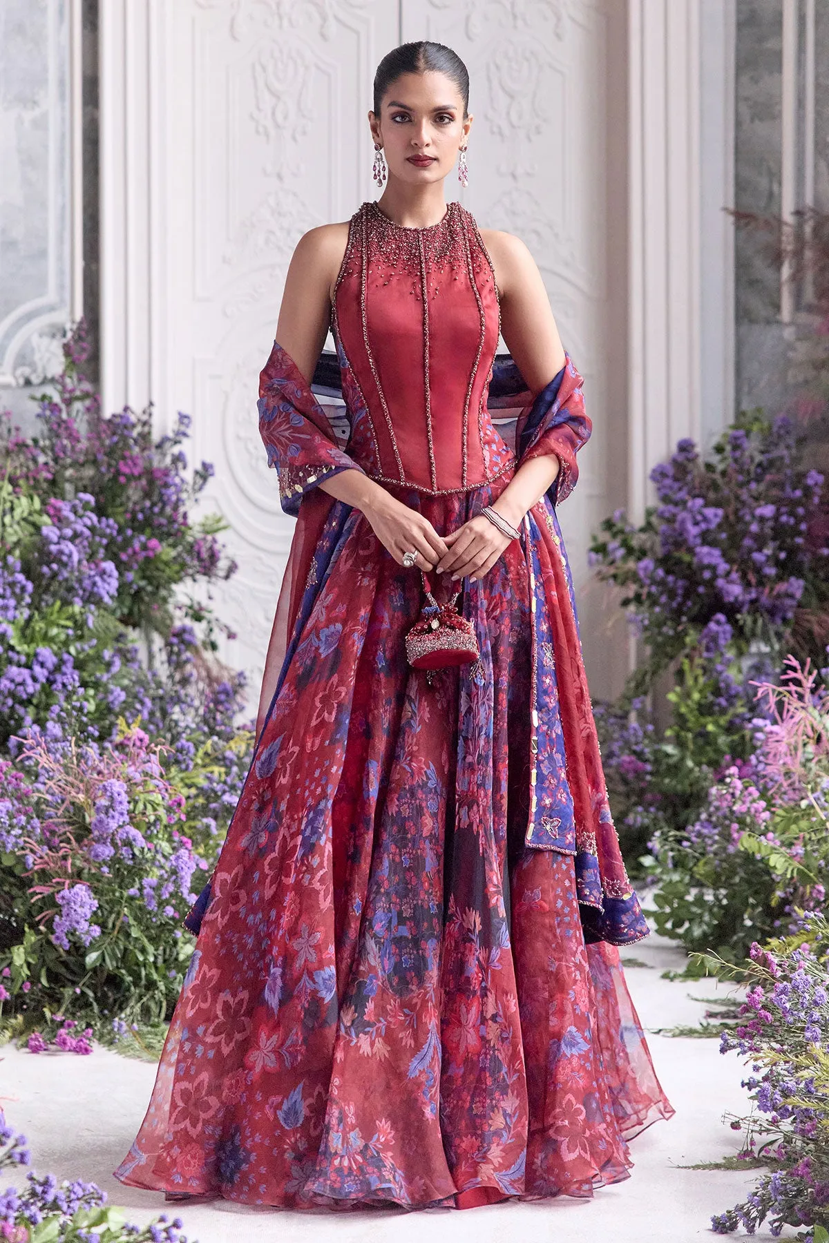 Crimson Red Halter-Neck Lehenga Gown with Beaded Detailing