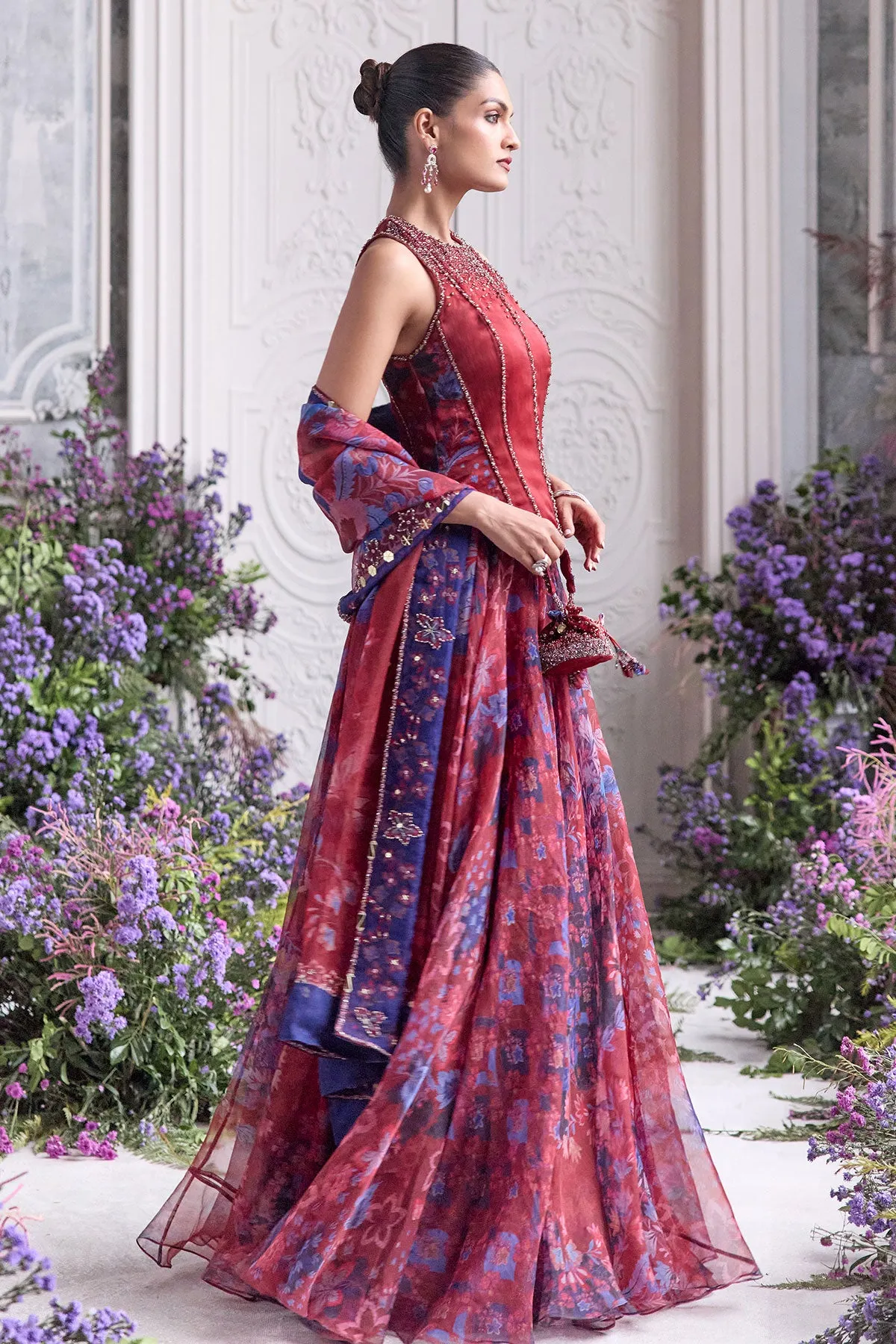 Crimson Red Halter-Neck Lehenga Gown with Beaded Detailing
