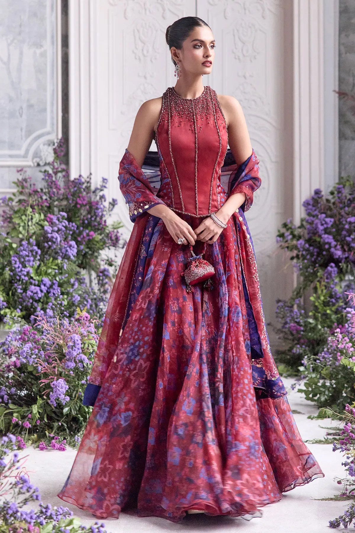 Crimson Red Halter-Neck Lehenga Gown with Beaded Detailing