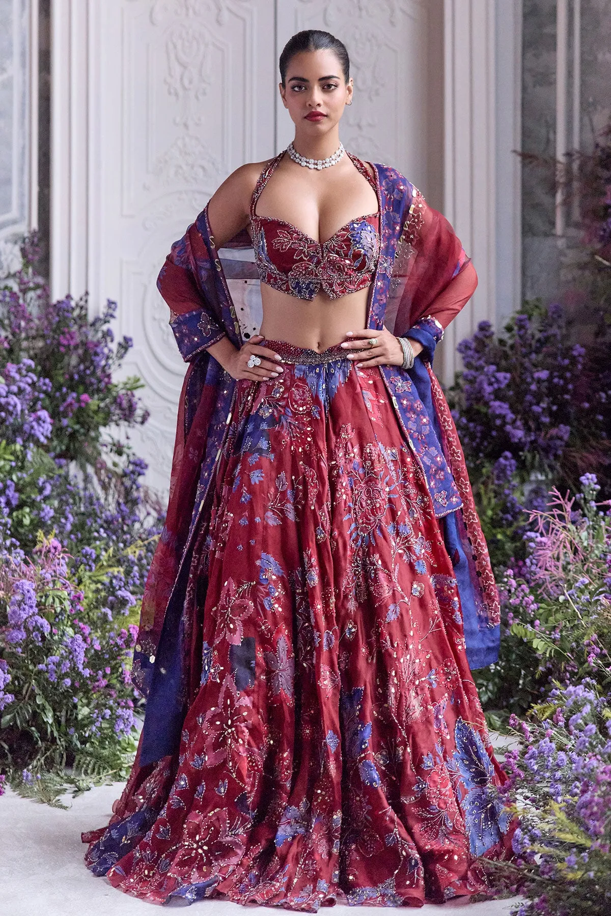 Crimson Halter-Neck Lehenga with Sapphire Embroidery and Sheer Dupatta