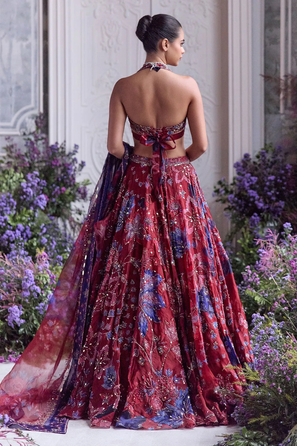Crimson Halter-Neck Lehenga with Sapphire Embroidery and Sheer Dupatta