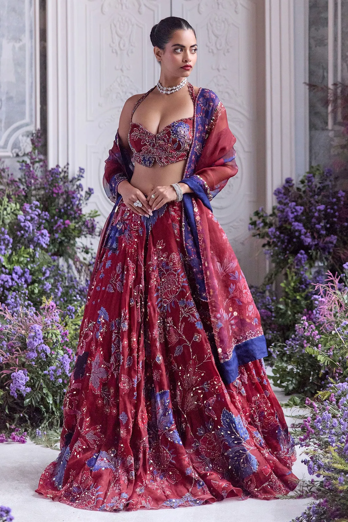 Crimson Halter-Neck Lehenga with Sapphire Embroidery and Sheer Dupatta