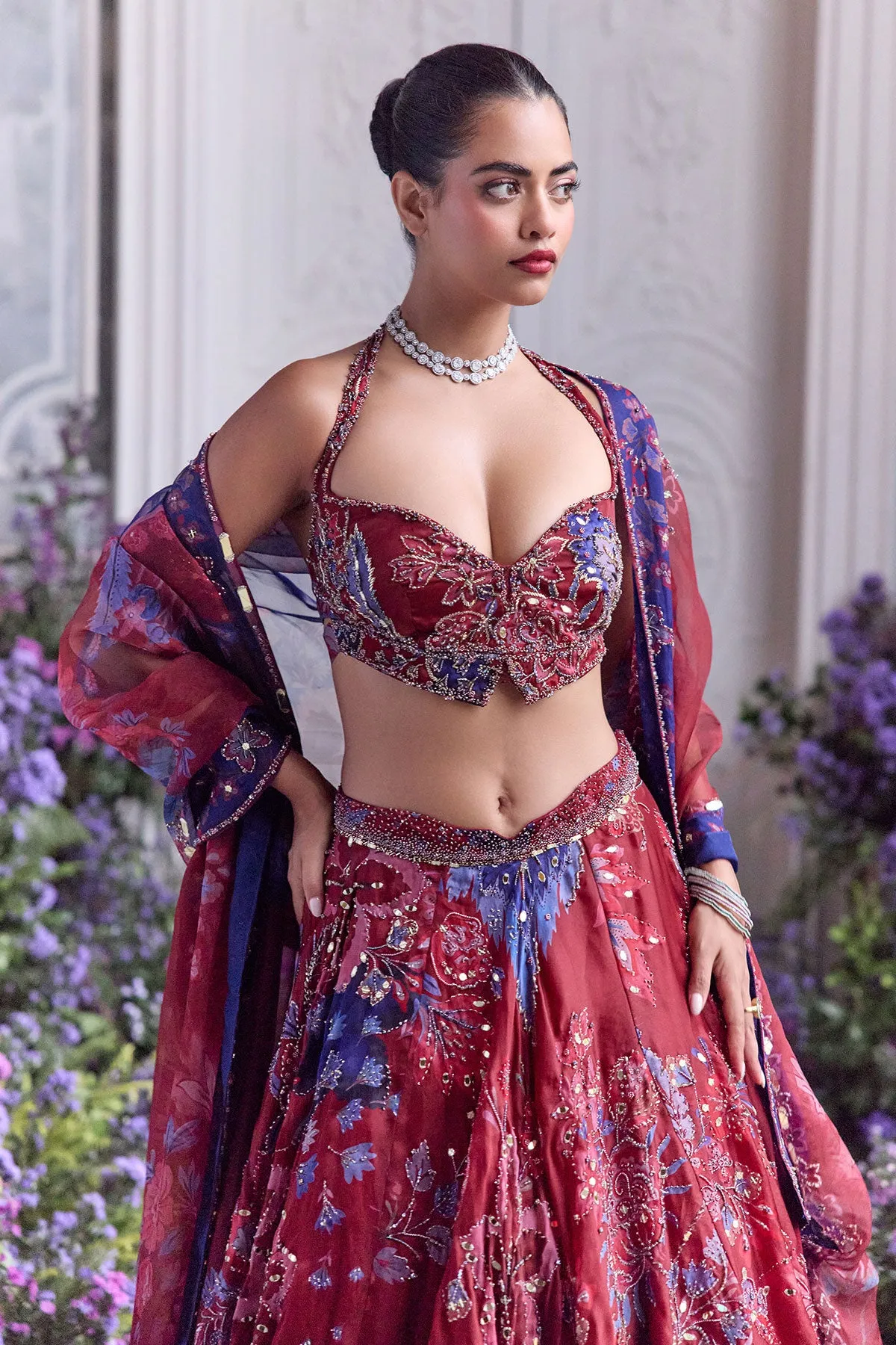 Crimson Halter-Neck Lehenga with Sapphire Embroidery and Sheer Dupatta