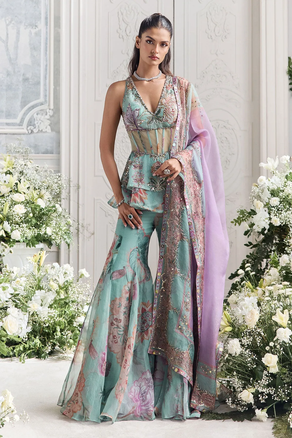 Aqua Sharara with Beaded Peplum and Lilac Embroidered Dupatta