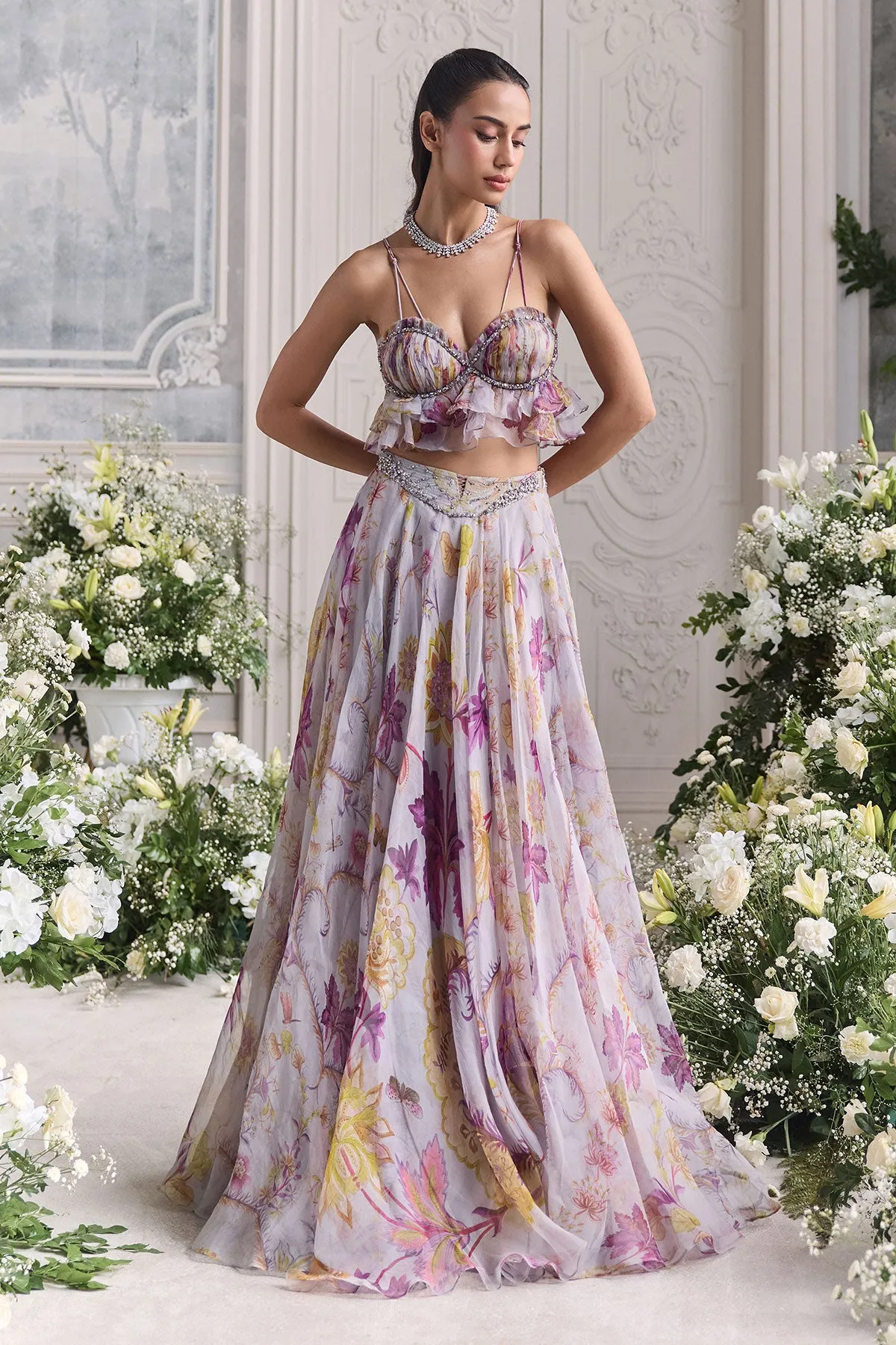 Lilac Printed Lehenga with Ruffled Bralette Blouse