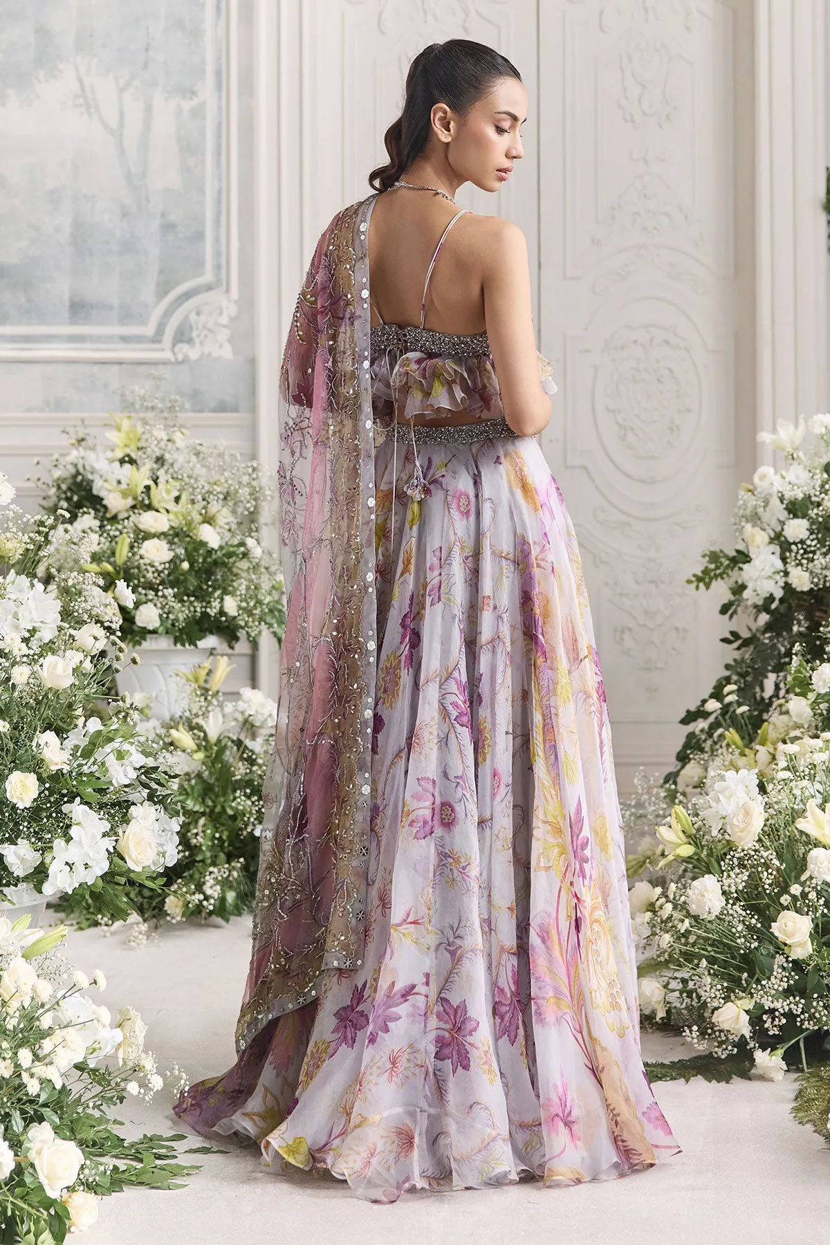 Lilac Printed Lehenga with Ruffled Bralette Blouse
