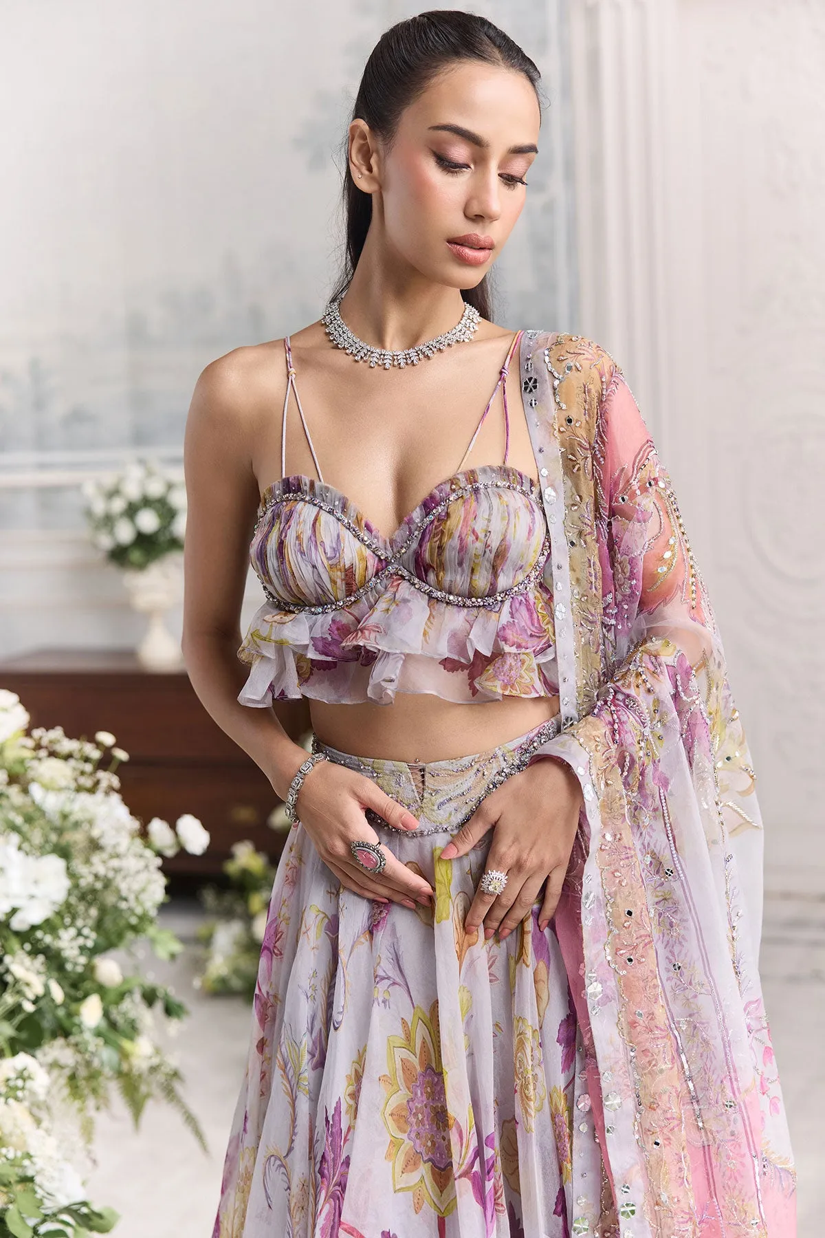 Lilac Printed Lehenga with Ruffled Bralette Blouse