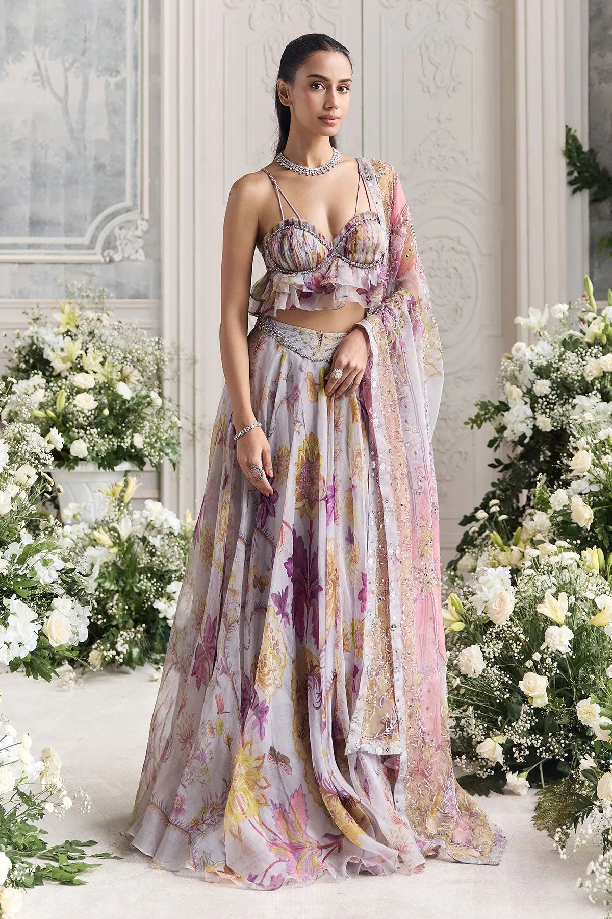 Lilac Printed Lehenga with Ruffled Bralette Blouse