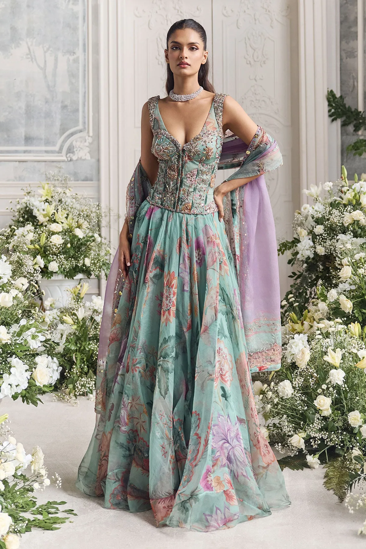 Aqua Green Floral Anarkali with Embroidered Corset Bodice and Lilac Dupatta