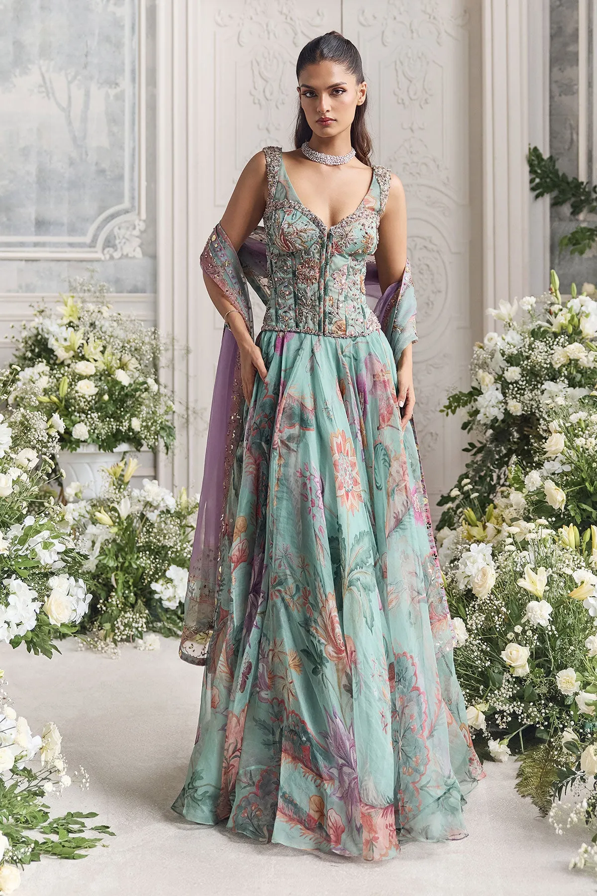 Aqua Green Floral Anarkali with Embroidered Corset Bodice and Lilac Dupatta
