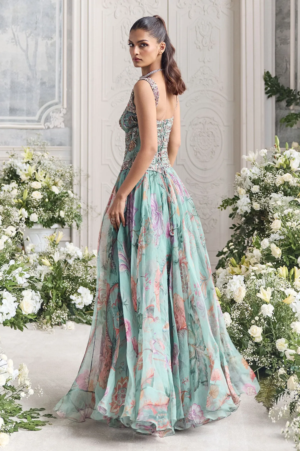 Aqua Green Floral Anarkali with Embroidered Corset Bodice and Lilac Dupatta