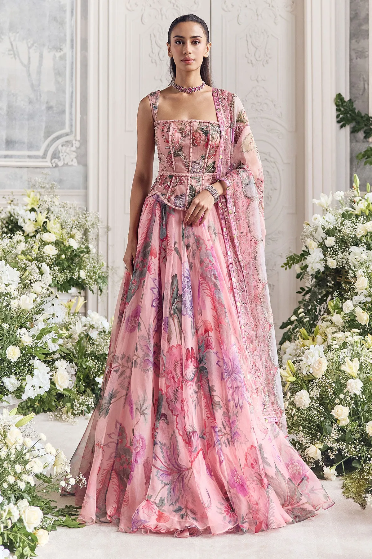 Blush Pink Lehenga with Embroidered Corset Blouse and Sheer Dupatta