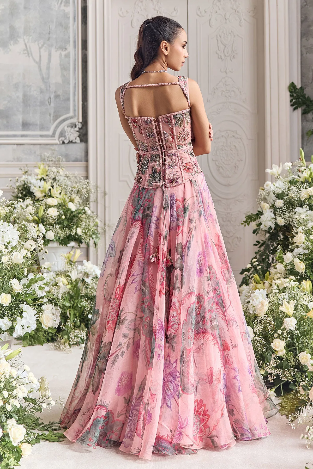 Blush Pink Lehenga with Embroidered Corset Blouse and Sheer Dupatta