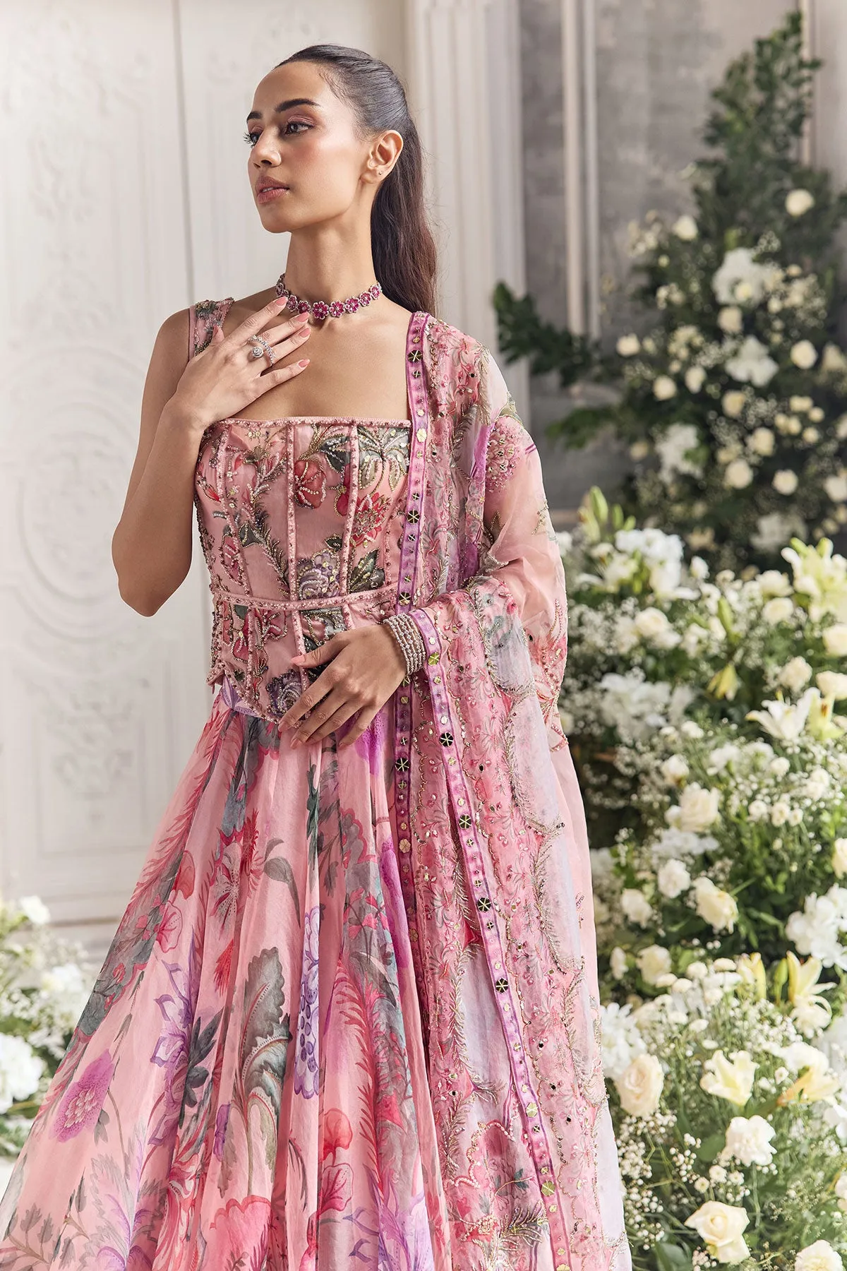 Blush Pink Lehenga with Embroidered Corset Blouse and Sheer Dupatta