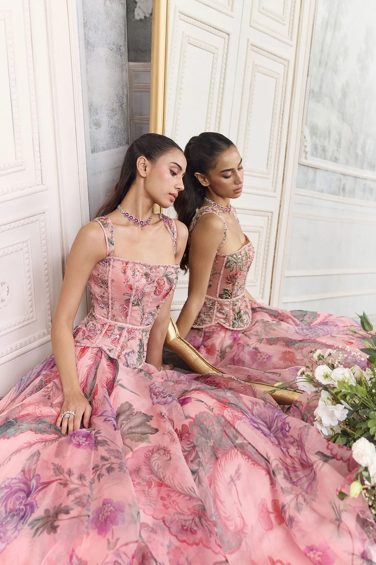 Blush Pink Lehenga with Embroidered Corset Blouse and Sheer Dupatta