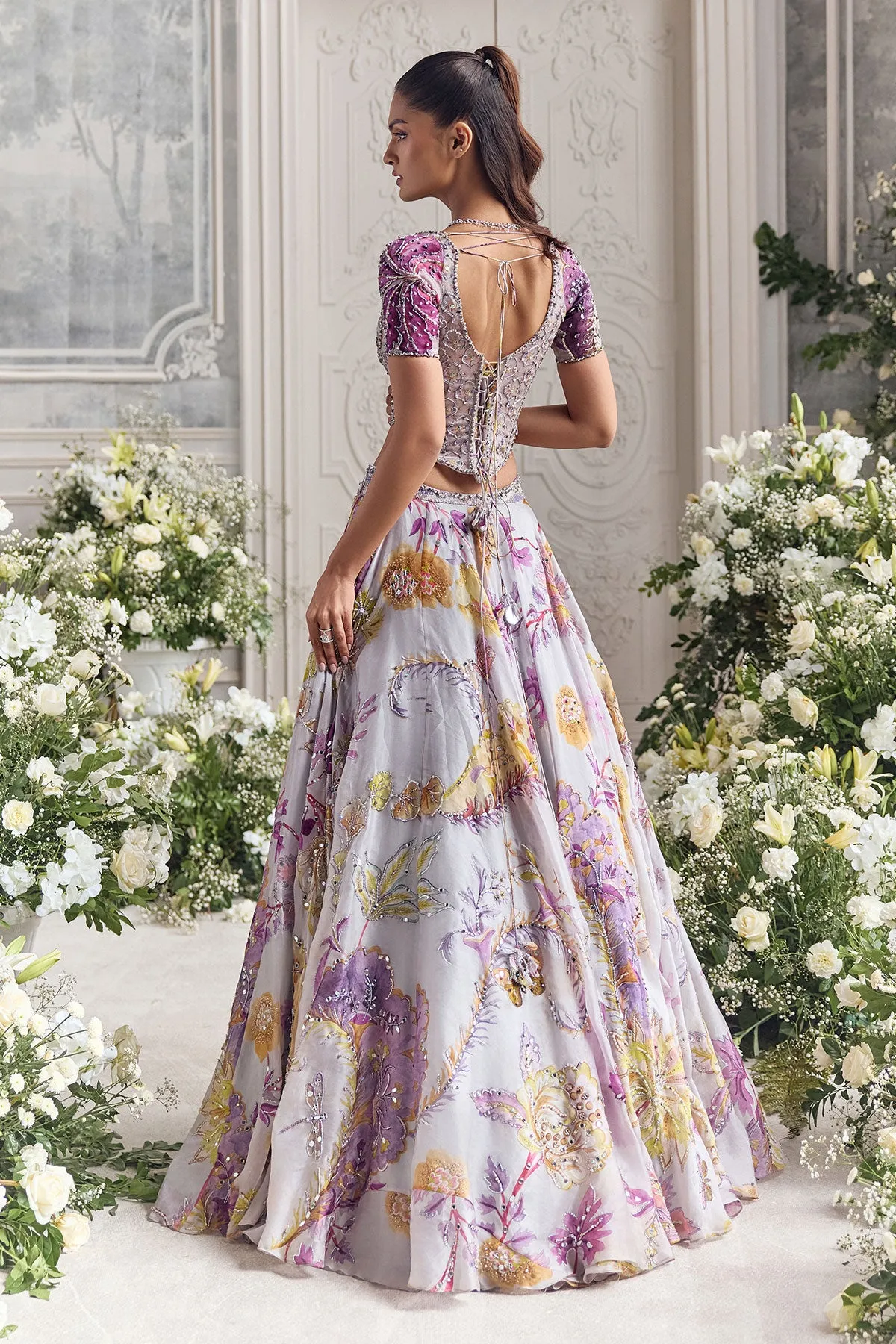Silver-Lilac Lehenga with Embroidered Corset Blouse and Sheer Dupatta