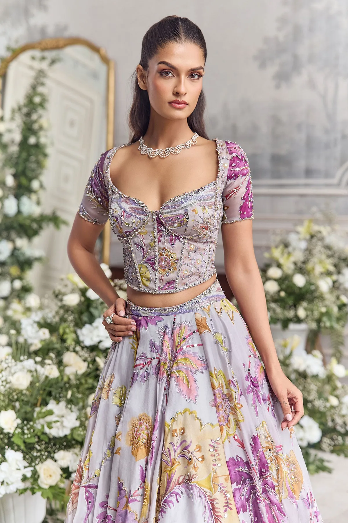 Silver-Lilac Lehenga with Embroidered Corset Blouse and Sheer Dupatta