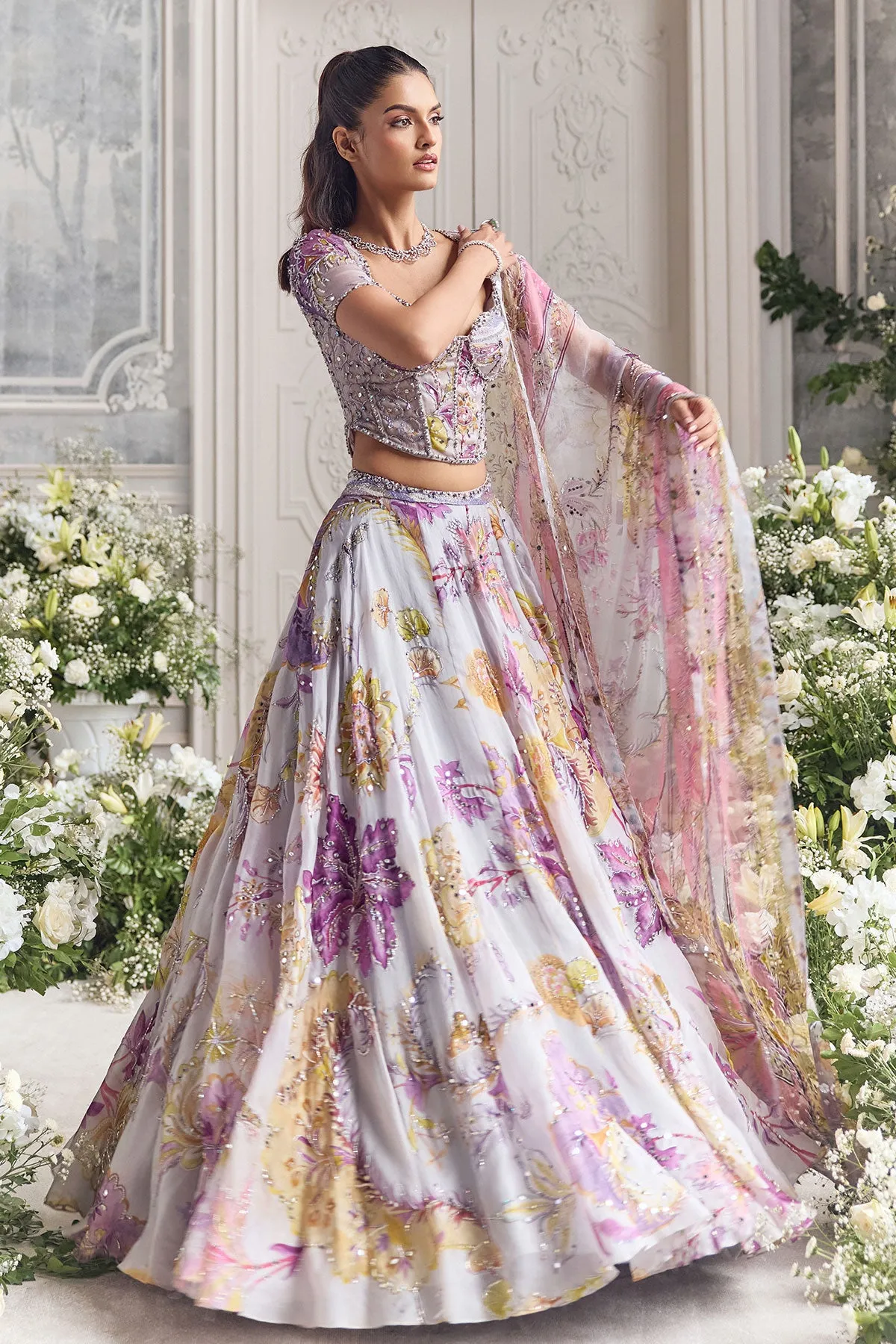 Silver-Lilac Lehenga with Embroidered Corset Blouse and Sheer Dupatta