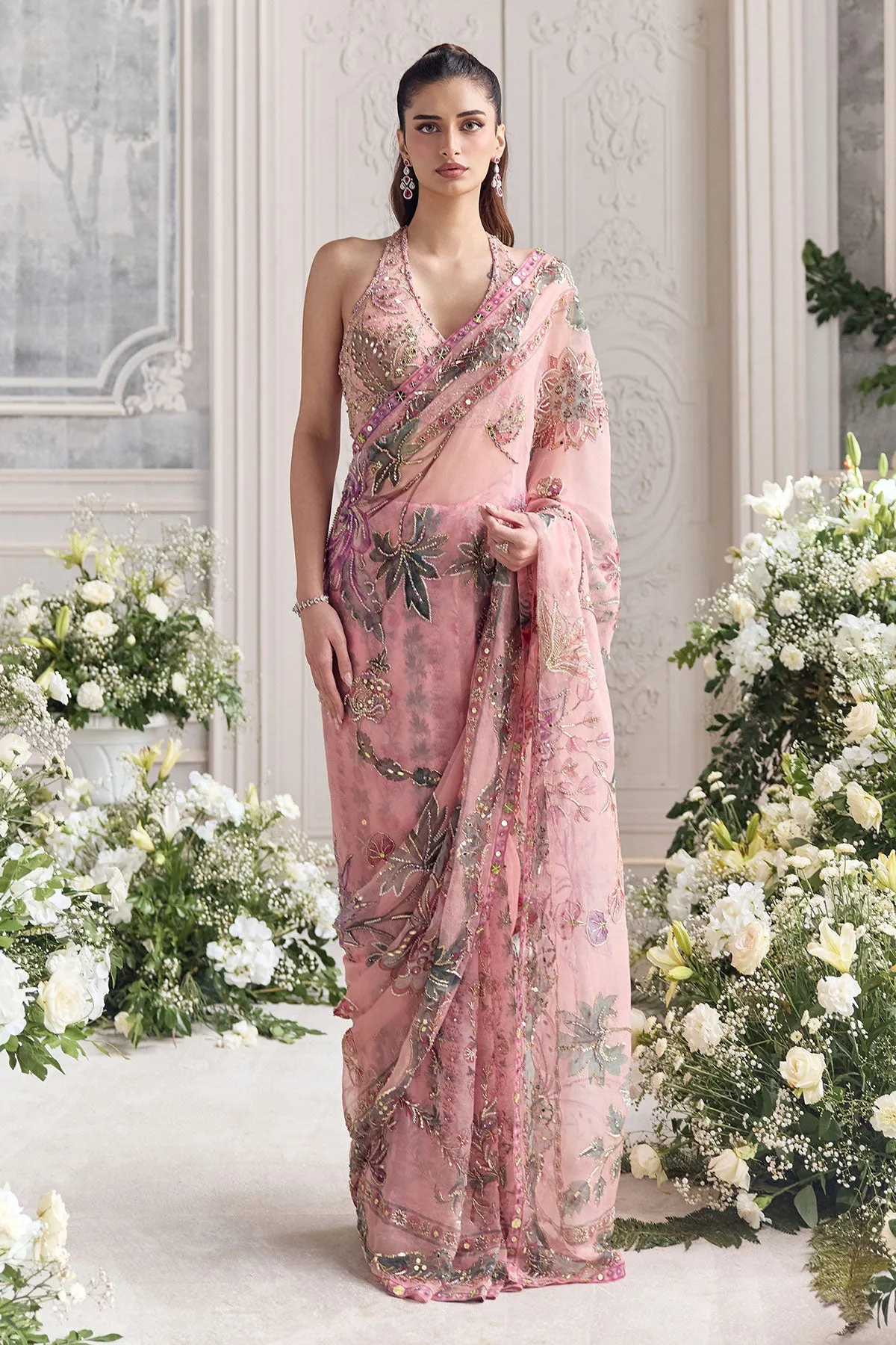 Blush Pink Embroidered Sari with Sequins and Halter Blouse